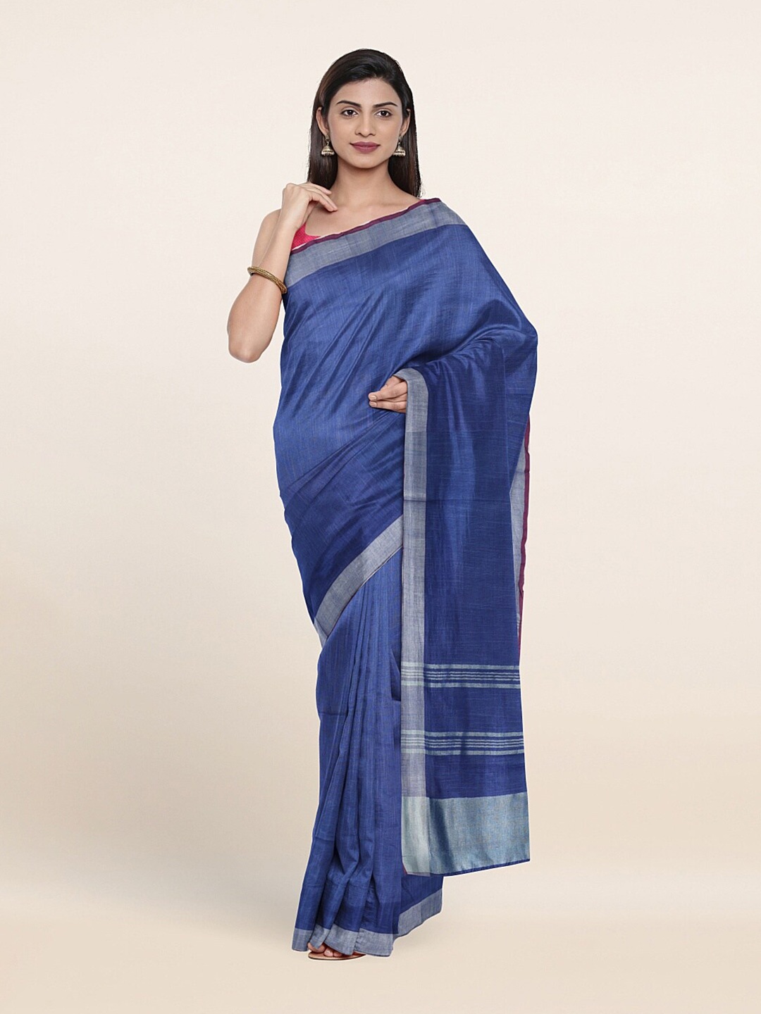 

Pothys Blue & Silver-Toned Zari Linen Blend Saree