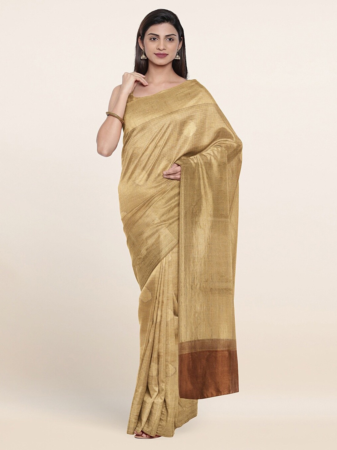 

Pothys Gold-Toned & Brown Ethnic Motifs Zari Tissue Silk Saree