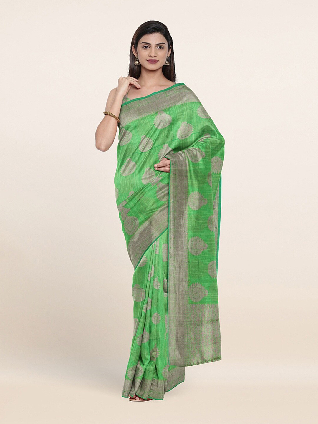 

Pothys Green & Silver-Toned Woven Design Zari Saree
