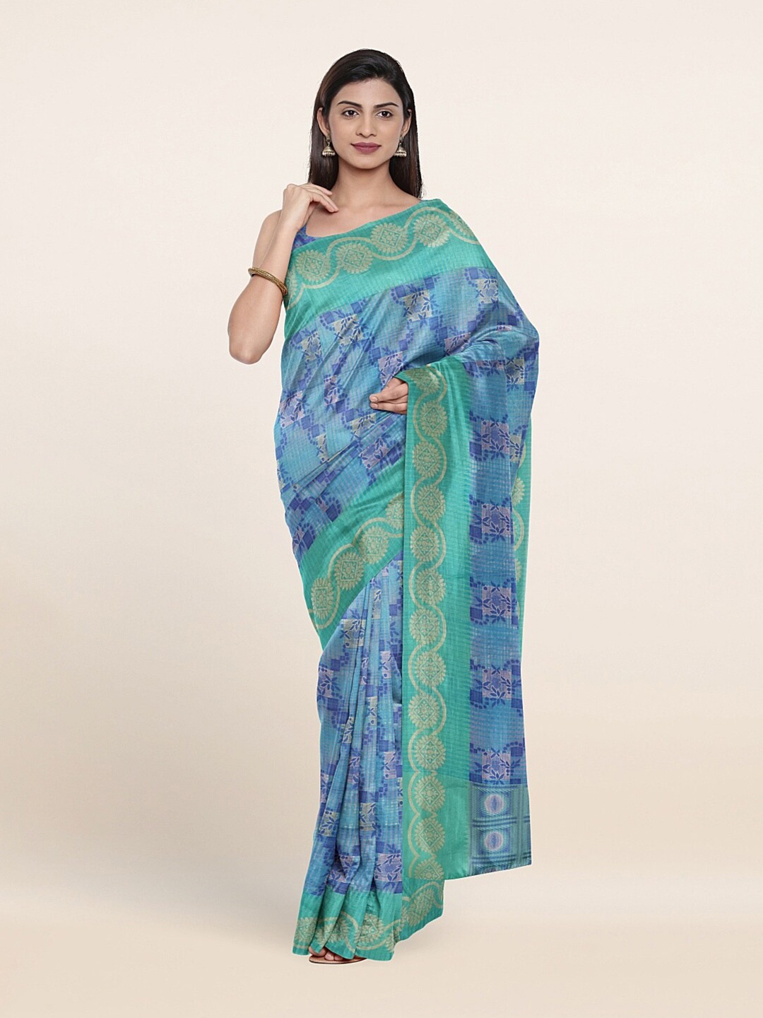 

Pothys Blue & Gold-Toned Floral Cotton Blend Saree
