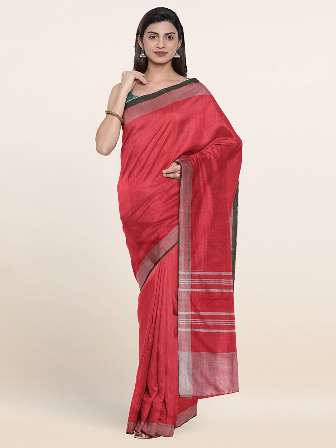 

Pothys Red & Silver-Toned Zari Linen Blend Saree