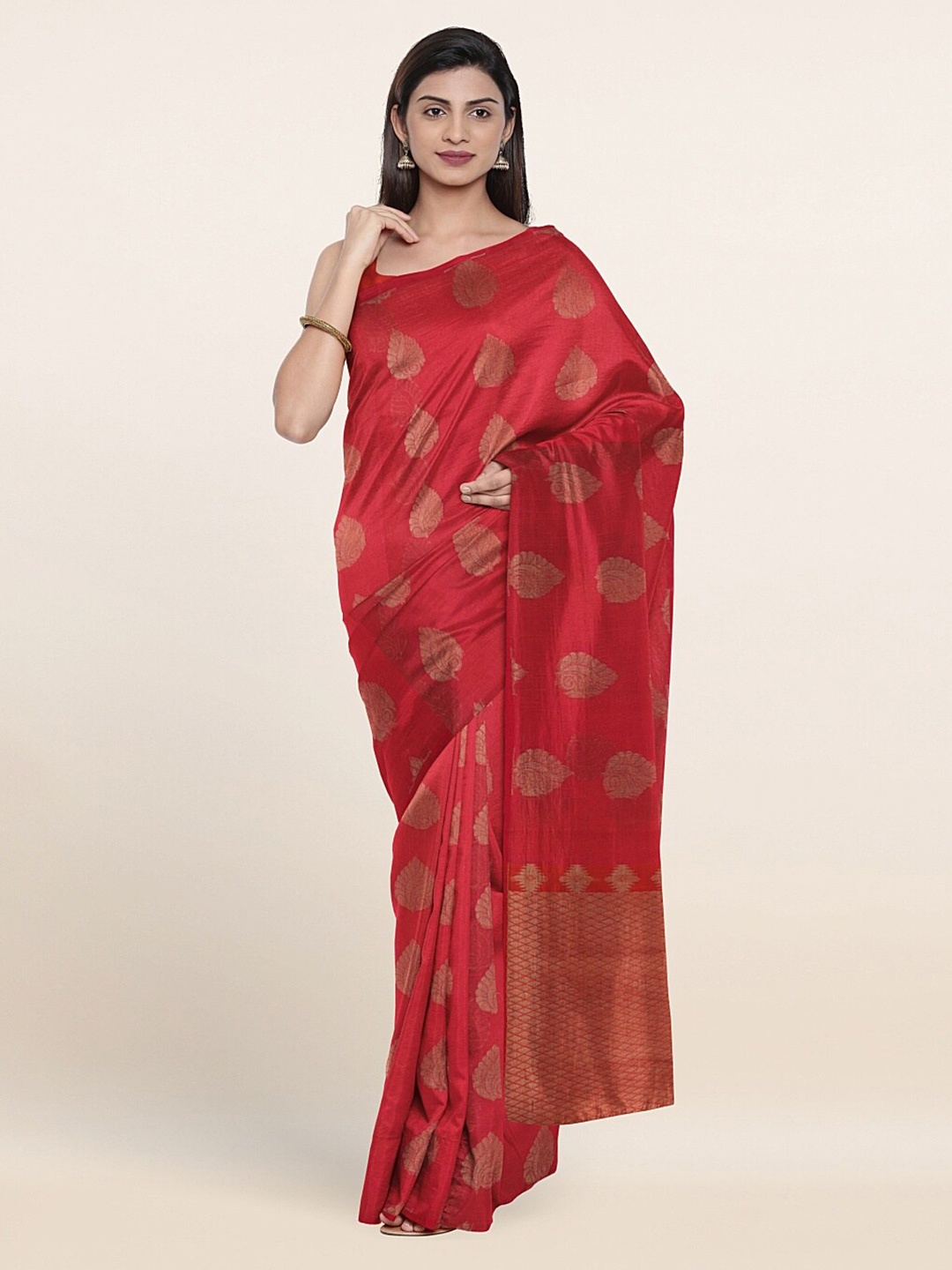 

Pothys Red & Copper-Toned Ethnic Motifs Zari Saree