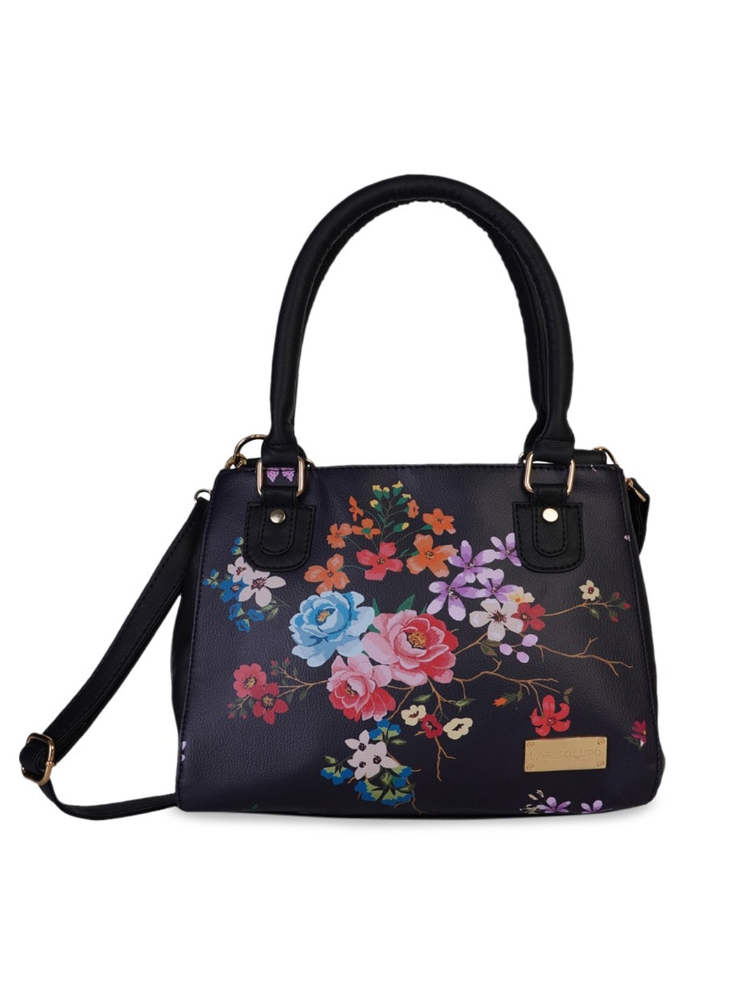 

Lapis O Lupo Black Floral Printed Structured Handheld Bag