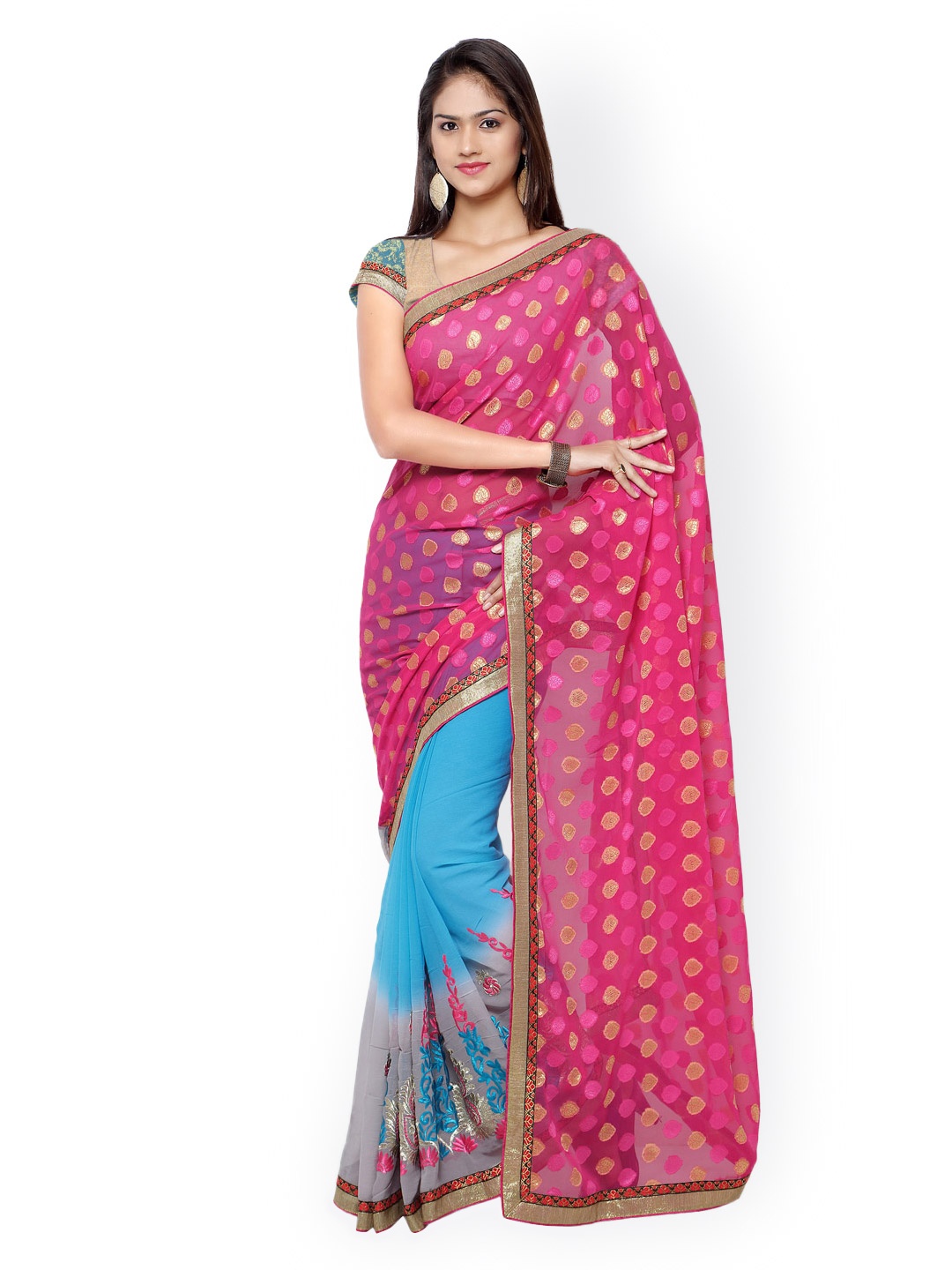 

Blissta Pink & Blue Embroidered Georgette & Dupion Saree
