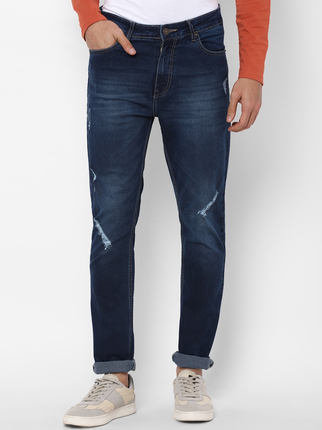 

FOREVER 21 Men Navy Blue Regular Fit Low Distress Light Fade Jeans
