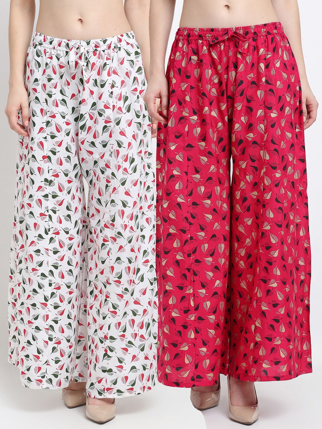 

GRACIT Women White & Pink Pack of 2 Floral Printed Flared Knitted Palazzos