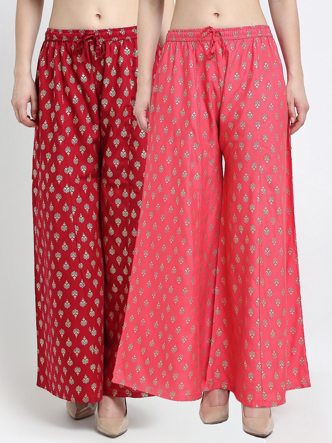 

GRACIT Women Maroon & Peach-Coloured Pack of 2 Floral Printed Flared Knitted Palazzos
