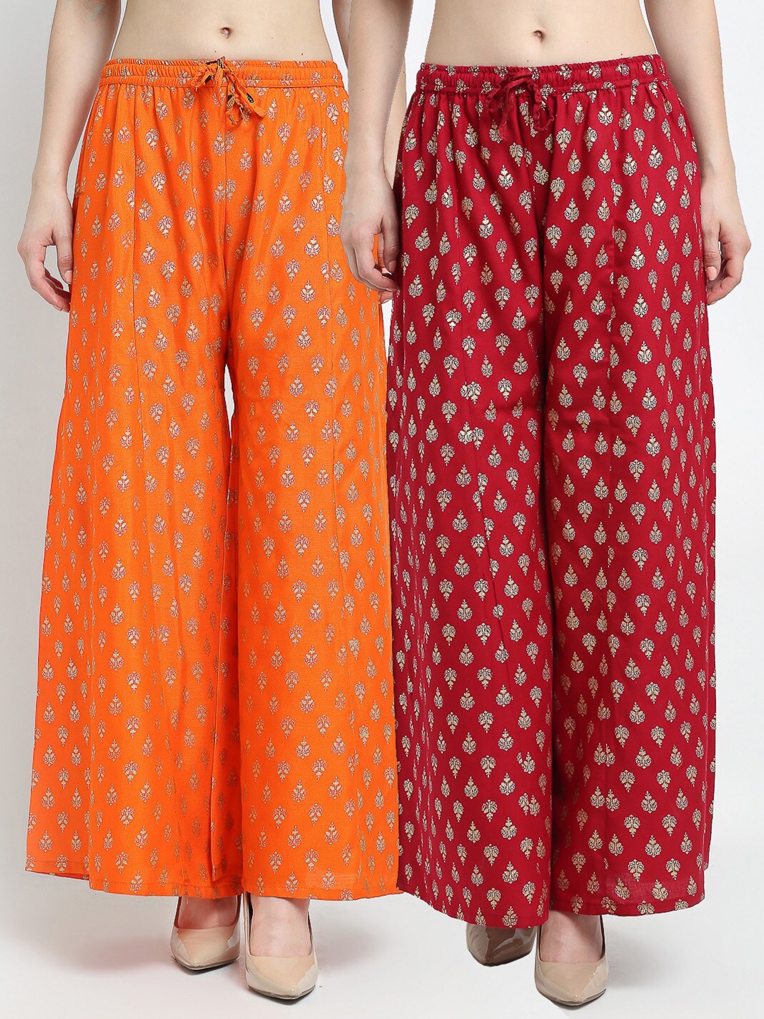 

GRACIT Women Pack of 2 Ethnic Motifs Printed Flared Ethnic Palazzos, Orange