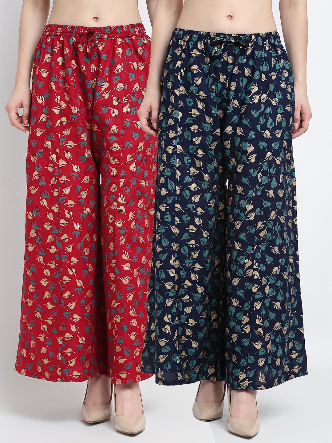 

GRACIT Women Maroon & Navy Blue Set Of 2 Floral Printed Flared Knitted Palazzos