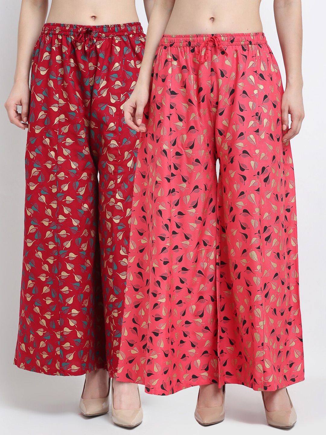 

GRACIT Women Maroon & Coral Pack of 2 Printed Flared Knitted Ethnic Palazzos