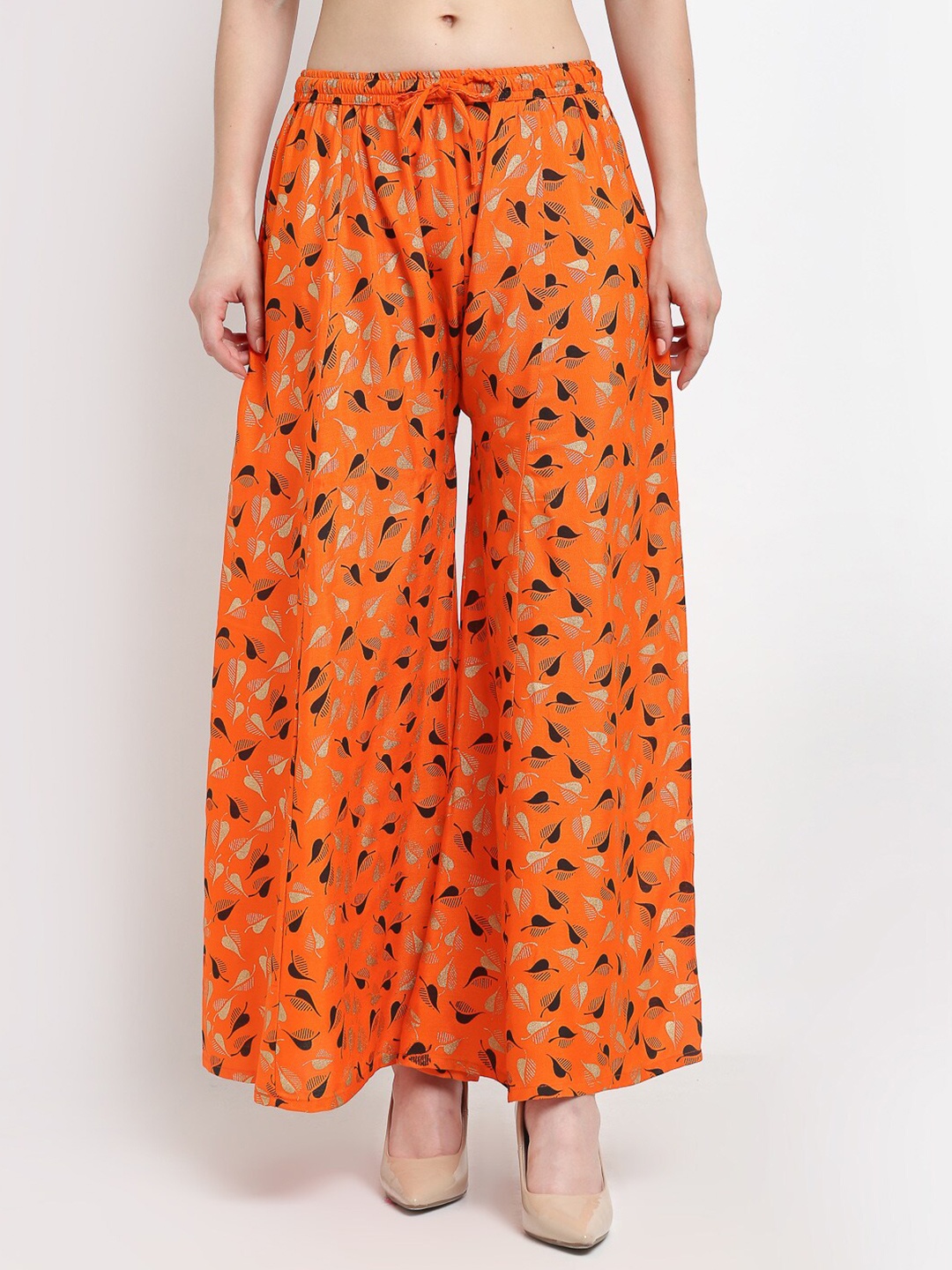 

GRACIT Women Orange & Black Floral Printed Flared Knitted Palazzos