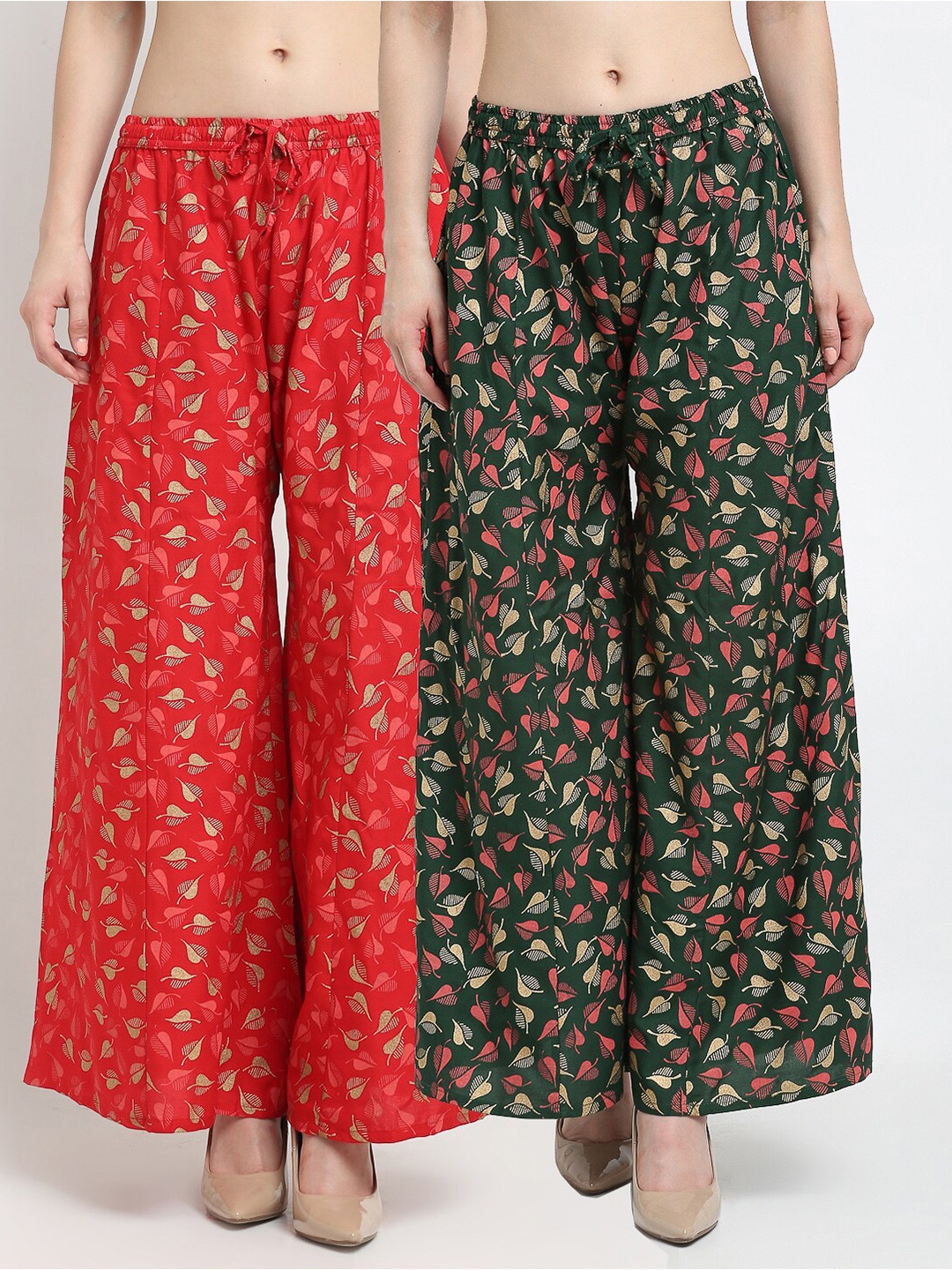 

GRACIT Pack of 2 Red & Green Floral Printed Flared Knitted Ethnic Palazzos