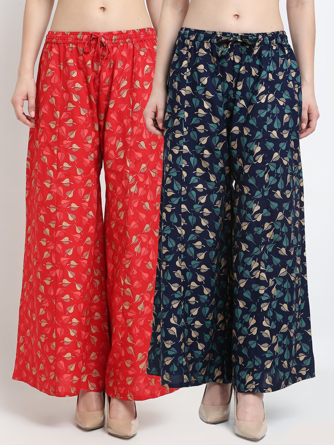 

GRACIT Pack of 2 Red & Navy Blue Floral Printed Flared Knitted Ethnic Palazzos