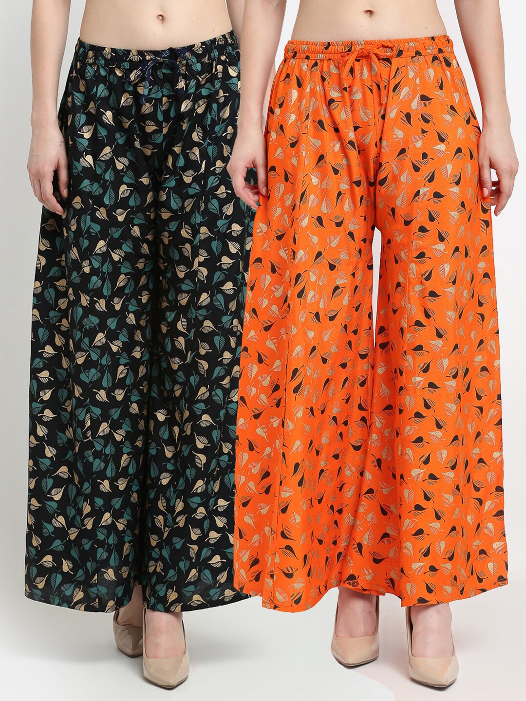 

GRACIT Women Pack of 2 Floral Printed Flared Knitted Ethnic Palazzos, Black