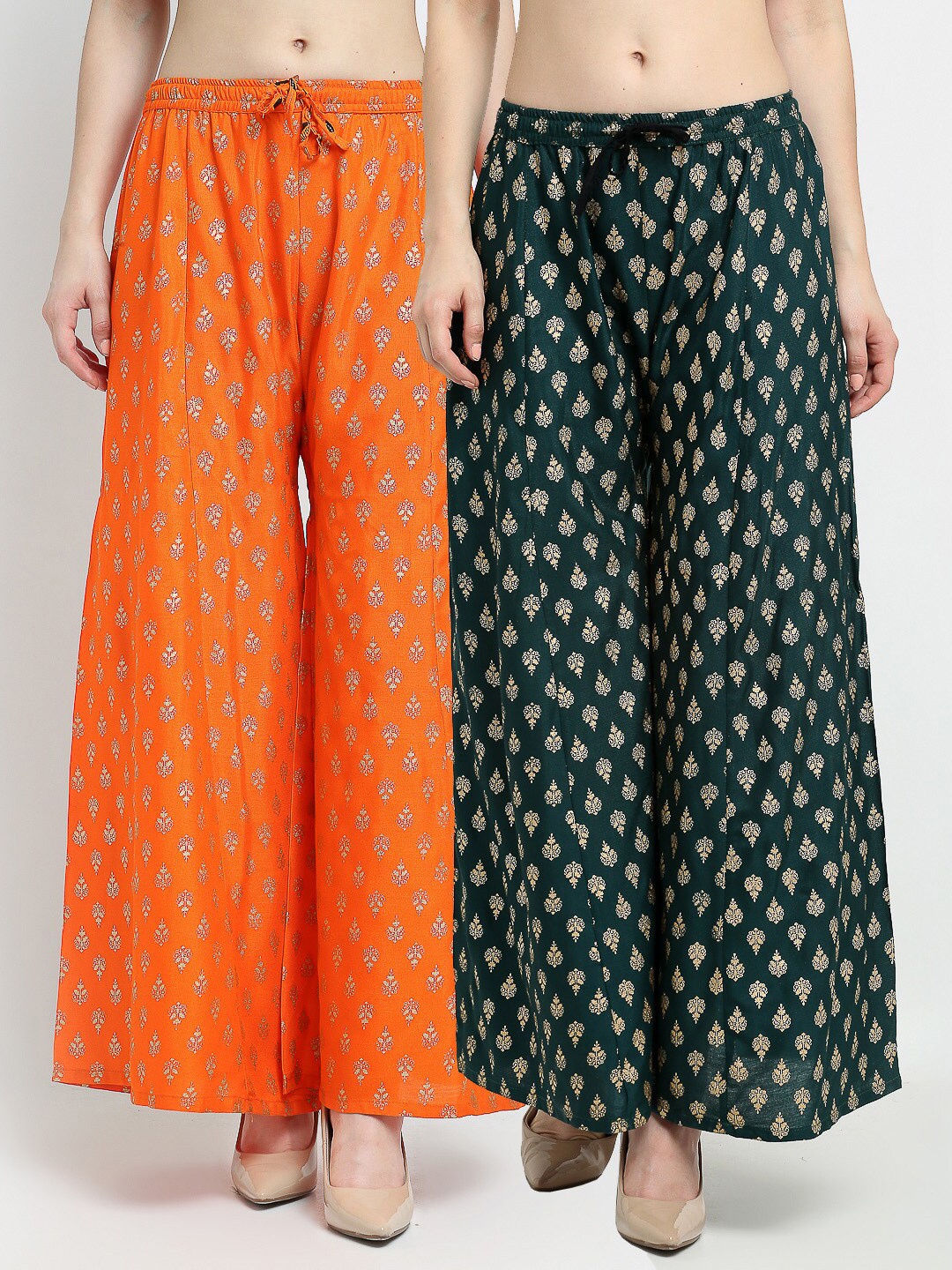 

GRACIT Women Orange & Green Pack of 2 Printed Flared Knitted Ethnic Palazzos