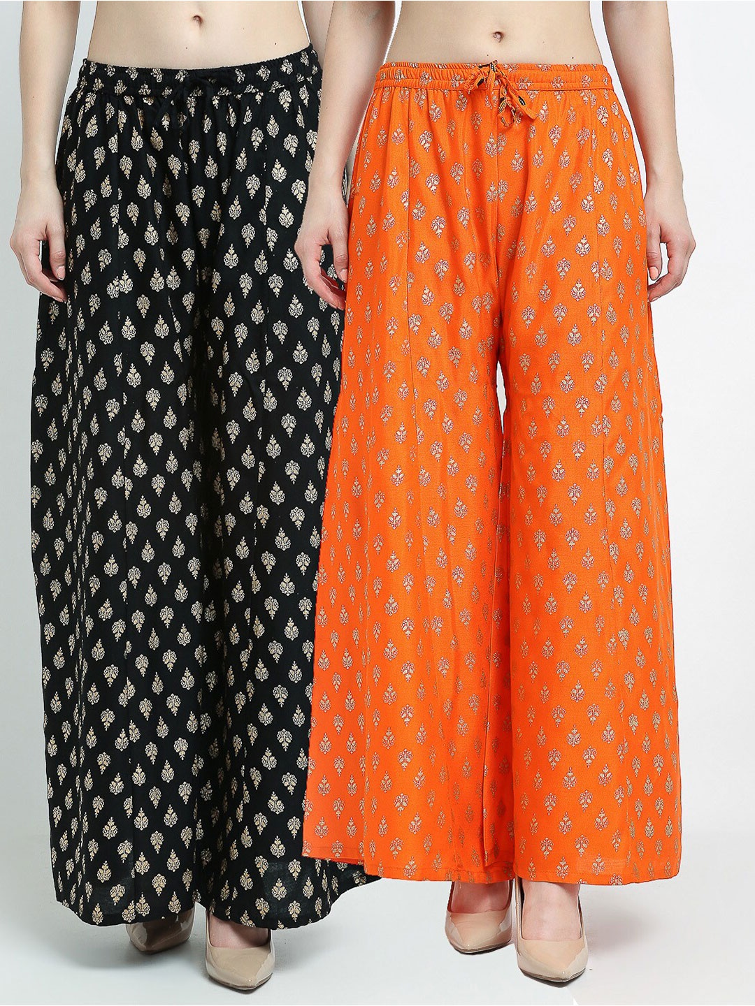 

GRACIT Women Pack of 2 Printed Flared Knitted Ethnic Palazzos, Black
