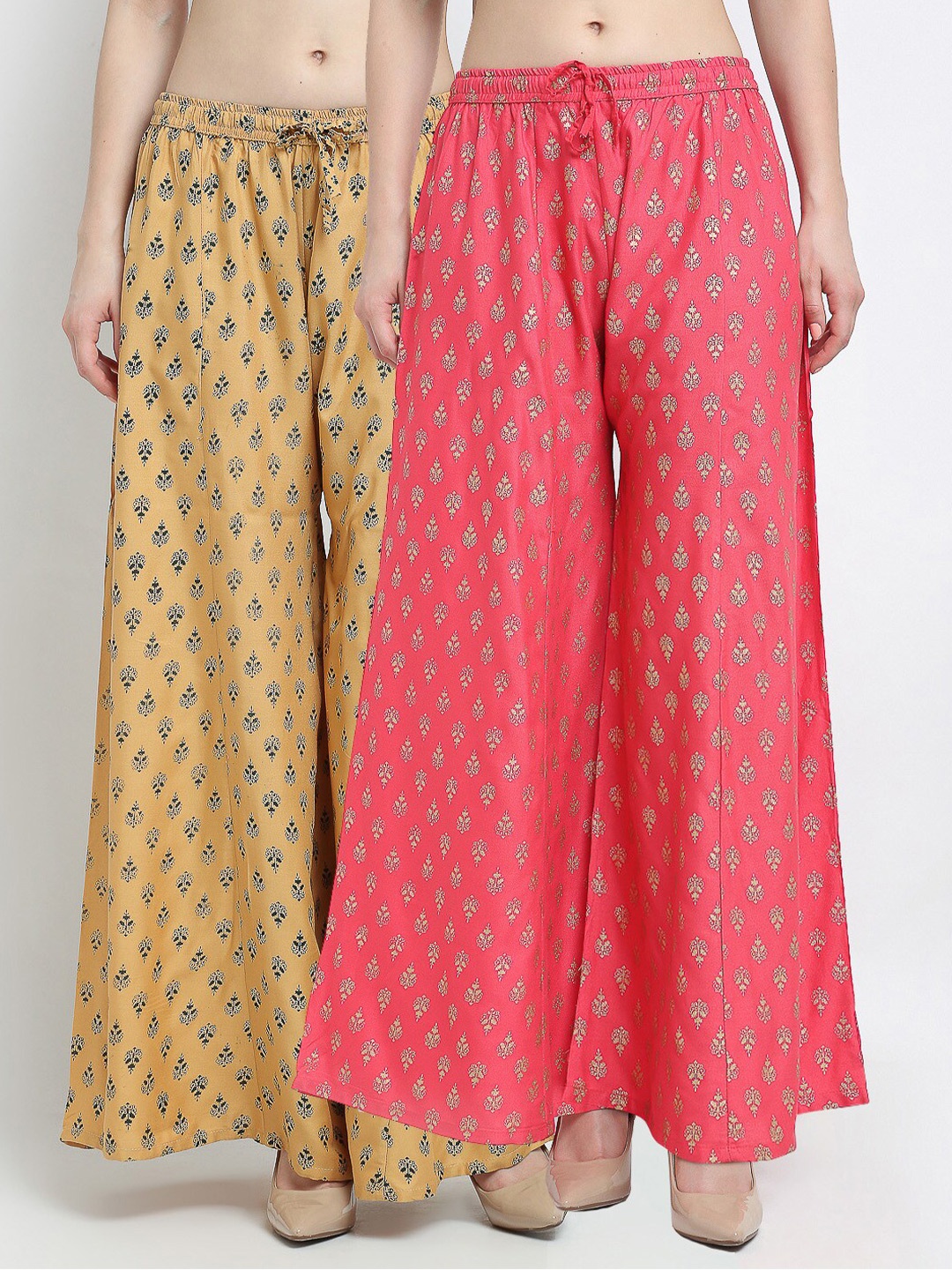 

GRACIT Women Pack of 2 Ethnic Motifs Printed Flared Knitted Palazzos, Beige