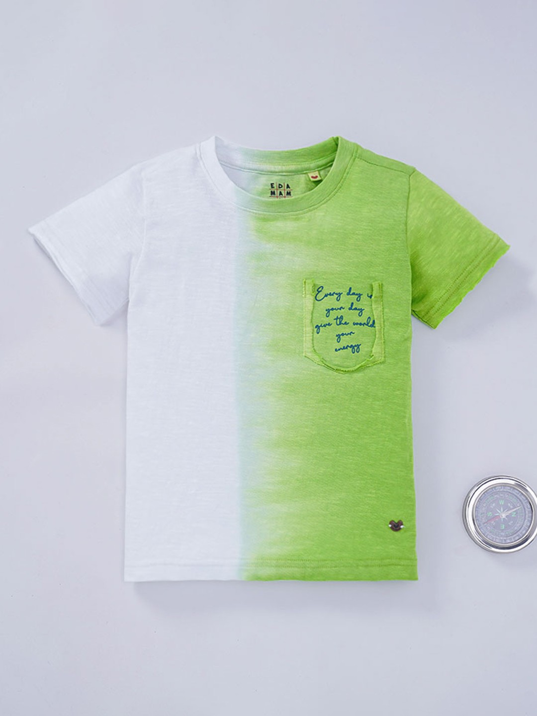 

Ed-a-Mamma Boys White & Green Colour Blocked Cotton T-shirt