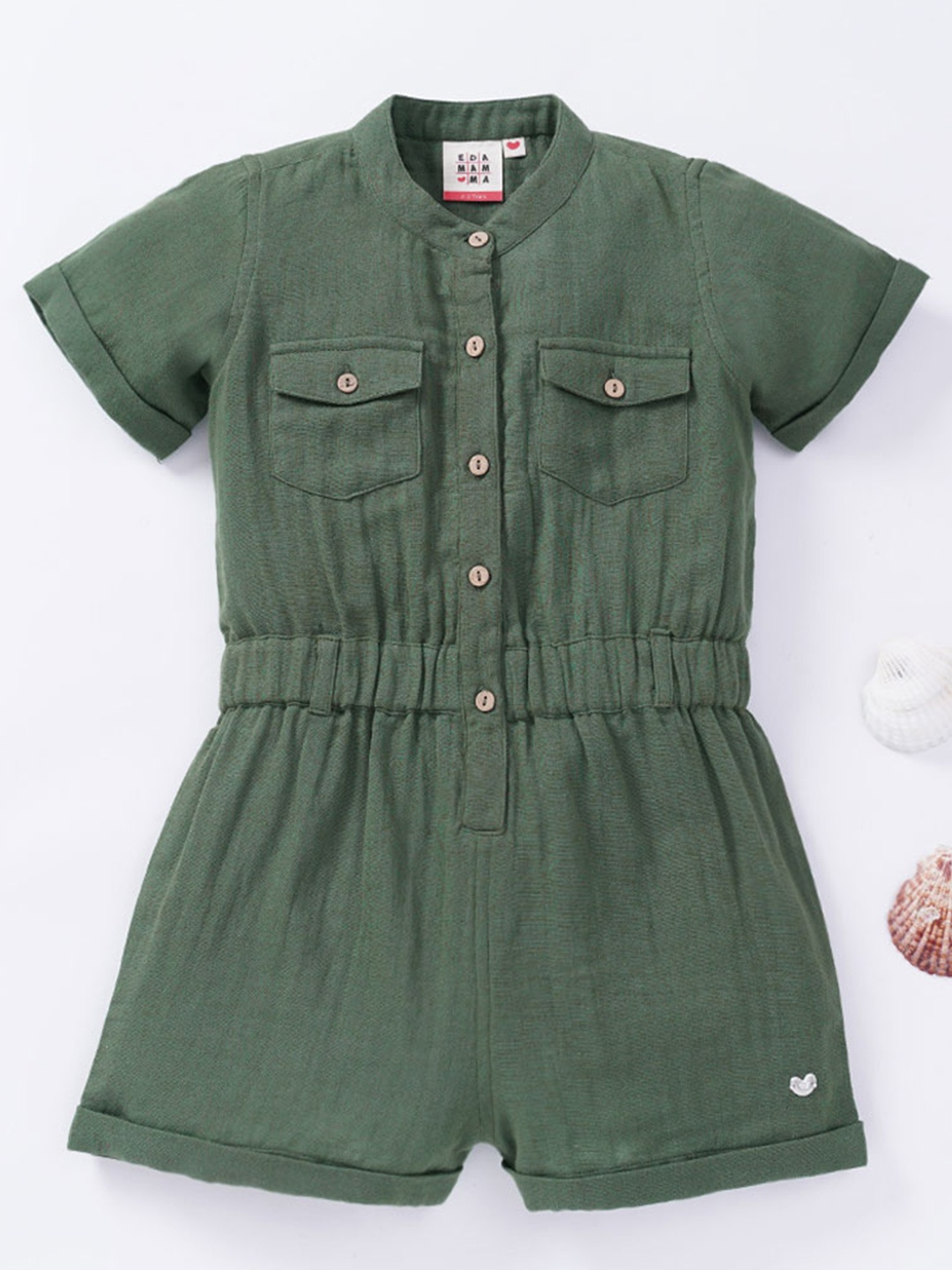 

Ed-a-Mamma Girls Olive Green Cotton Tie Up Jumpsuit