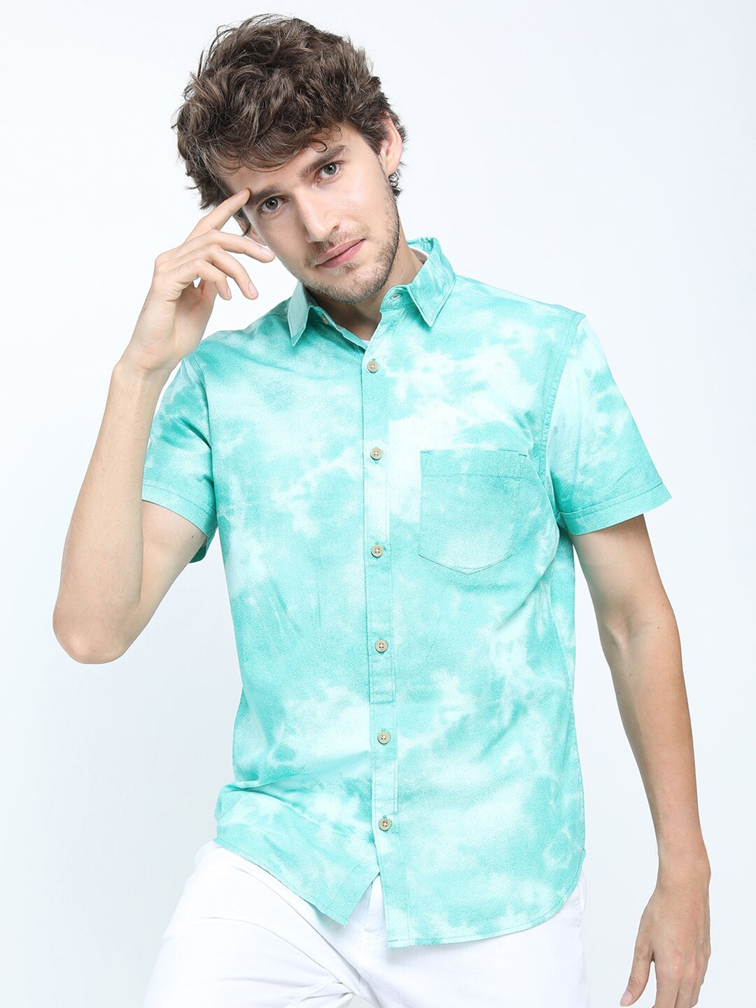 

HIGHLANDER Men Turquoise Blue Printed Slim Fit Casual Cotton Shirt
