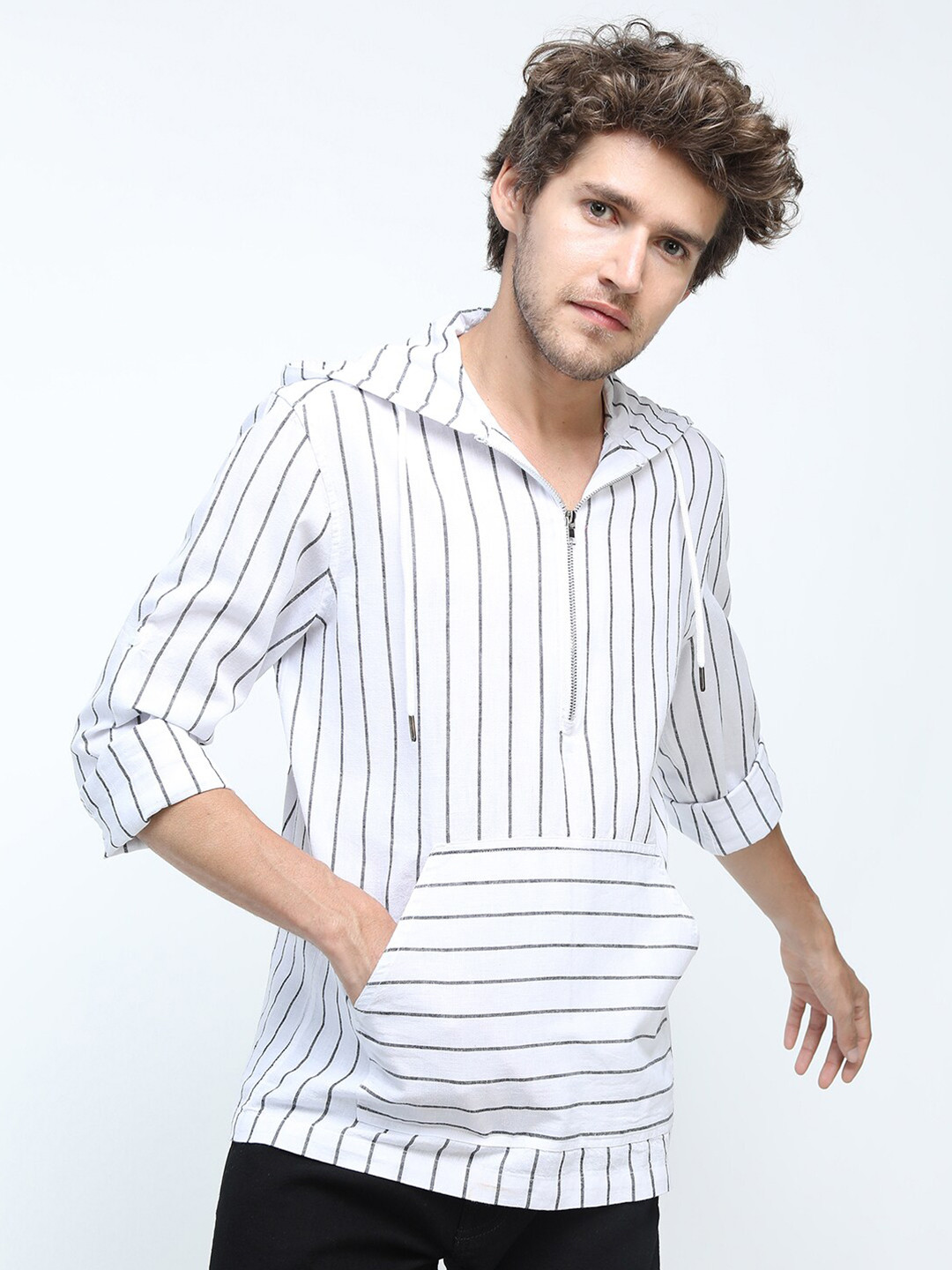 

HIGHLANDER Men White Slim Fit Striped Hooded Casual Shirt
