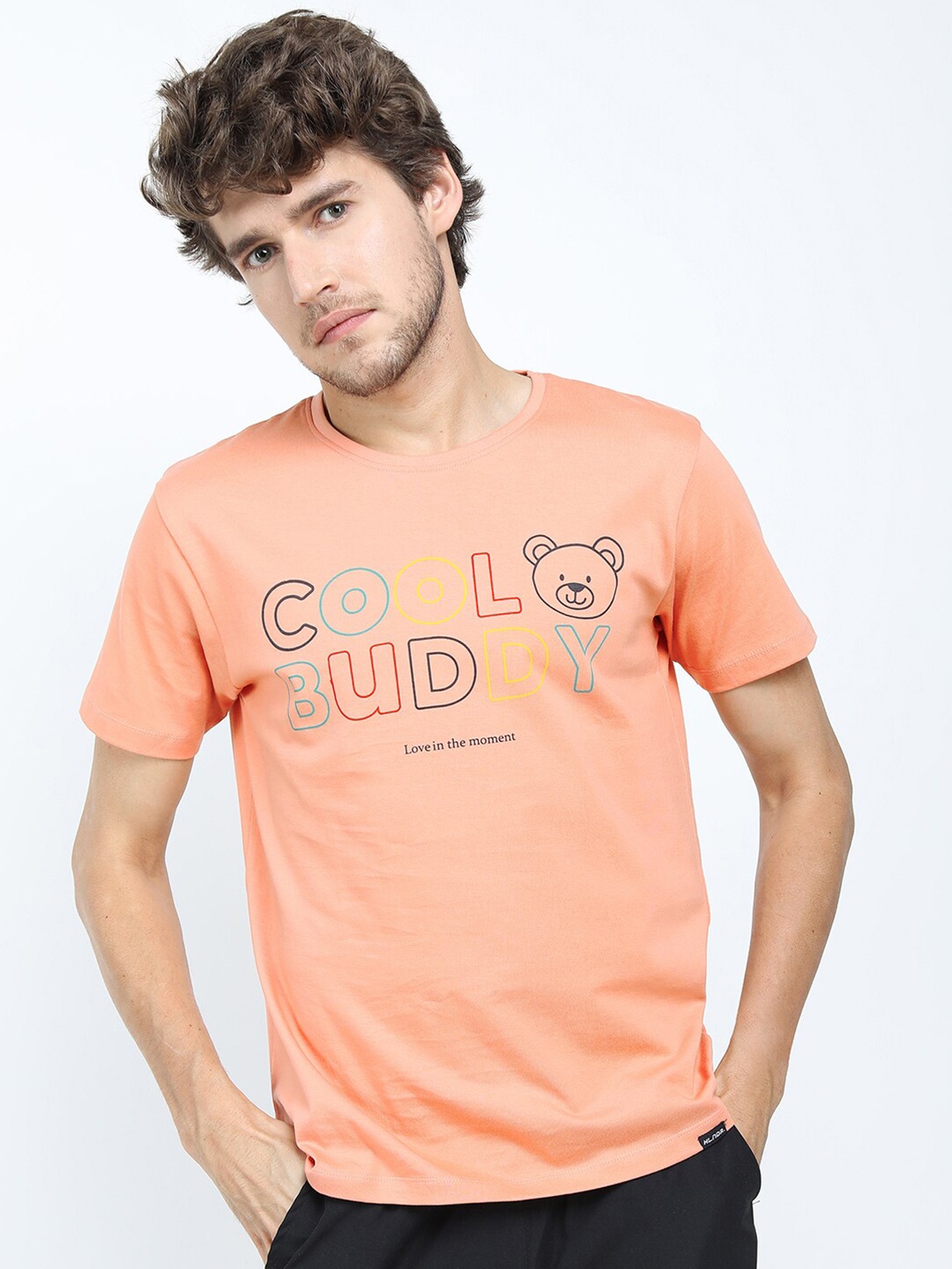 

HIGHLANDER Men Coral Orange Typography Slim Fit Cotton T-shirt