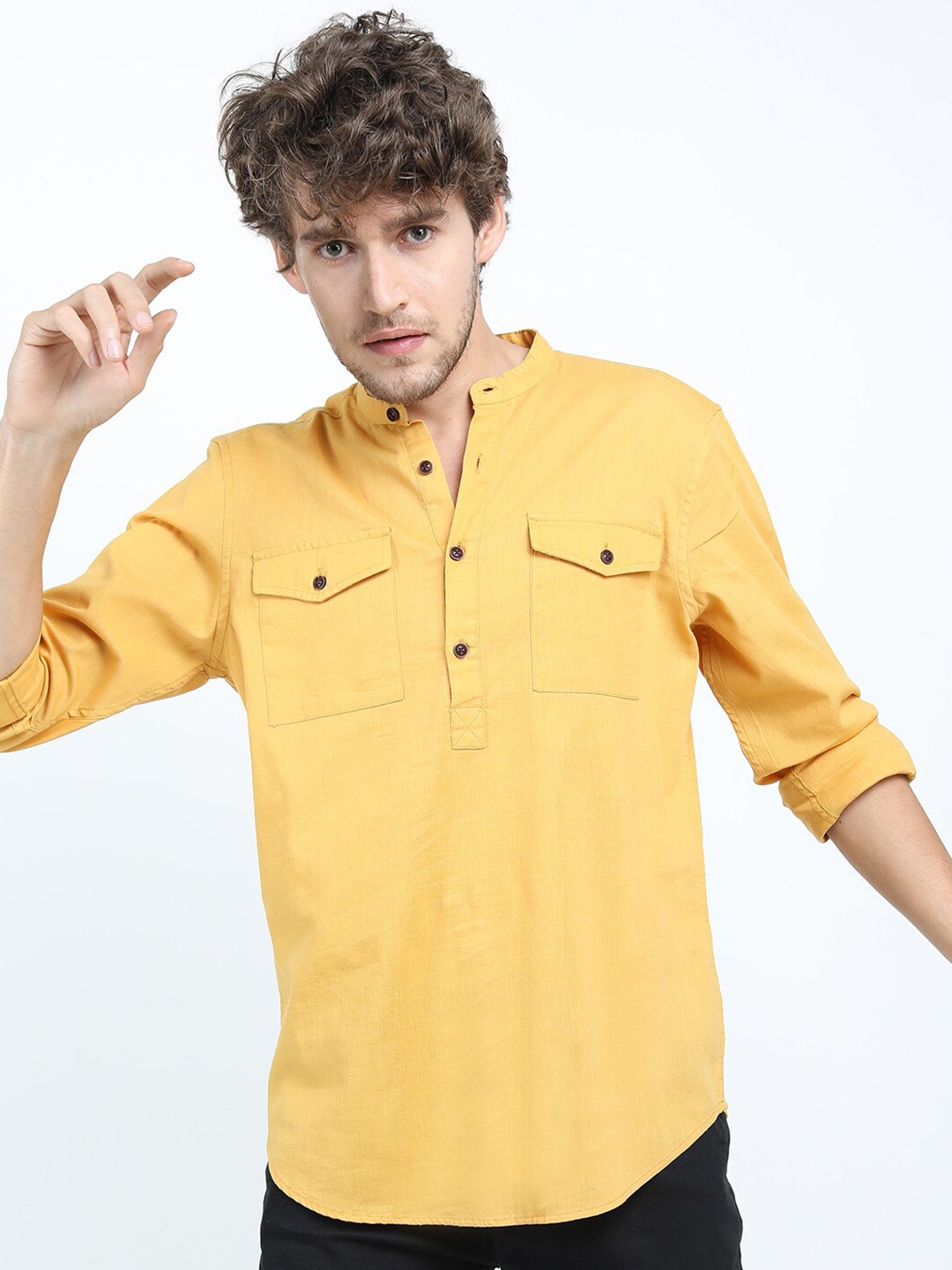 

HIGHLANDER Men Mustard Yellow Slim Fit Mandarin Collar Cotton Linen Casual Shirt