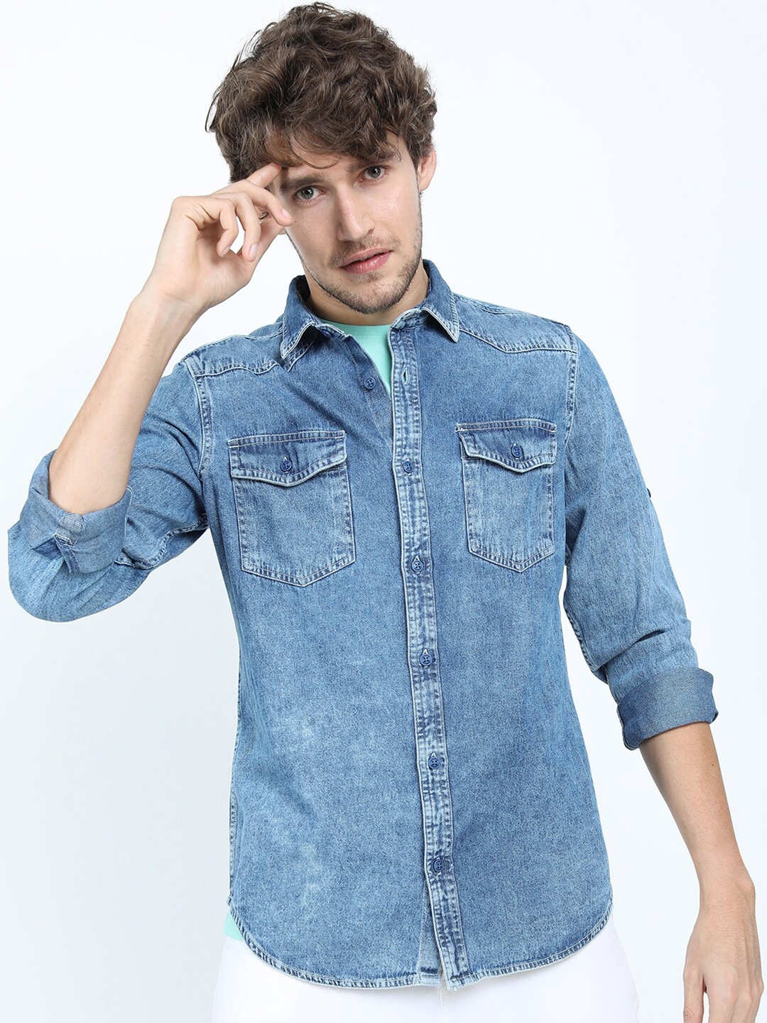 

LOCOMOTIVE Men Blue Slim Fit Faded Cotton Casual Shirt