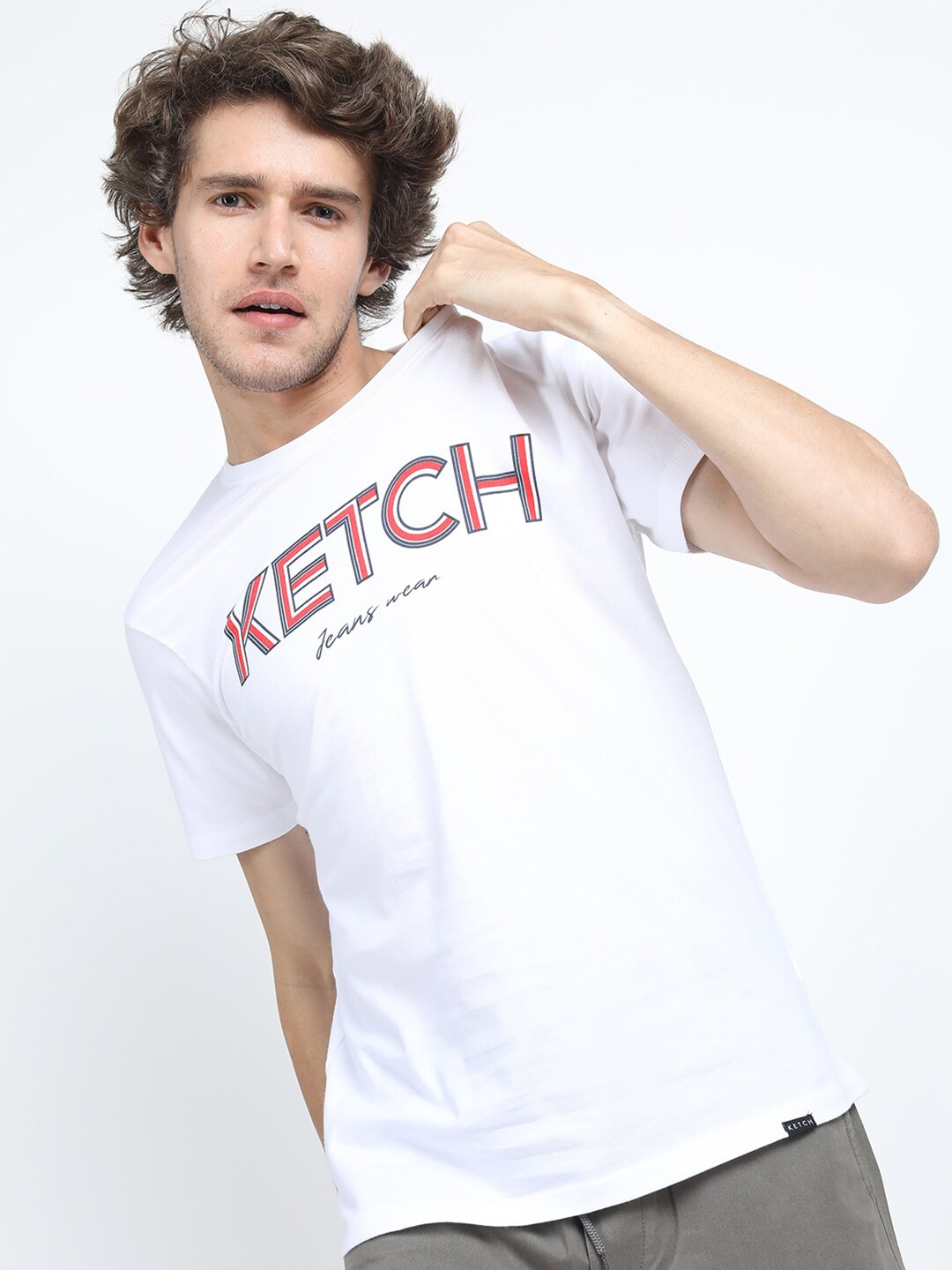 

KETCH Men White Brand Logo Printed Slim Fit Cotton T-shirt