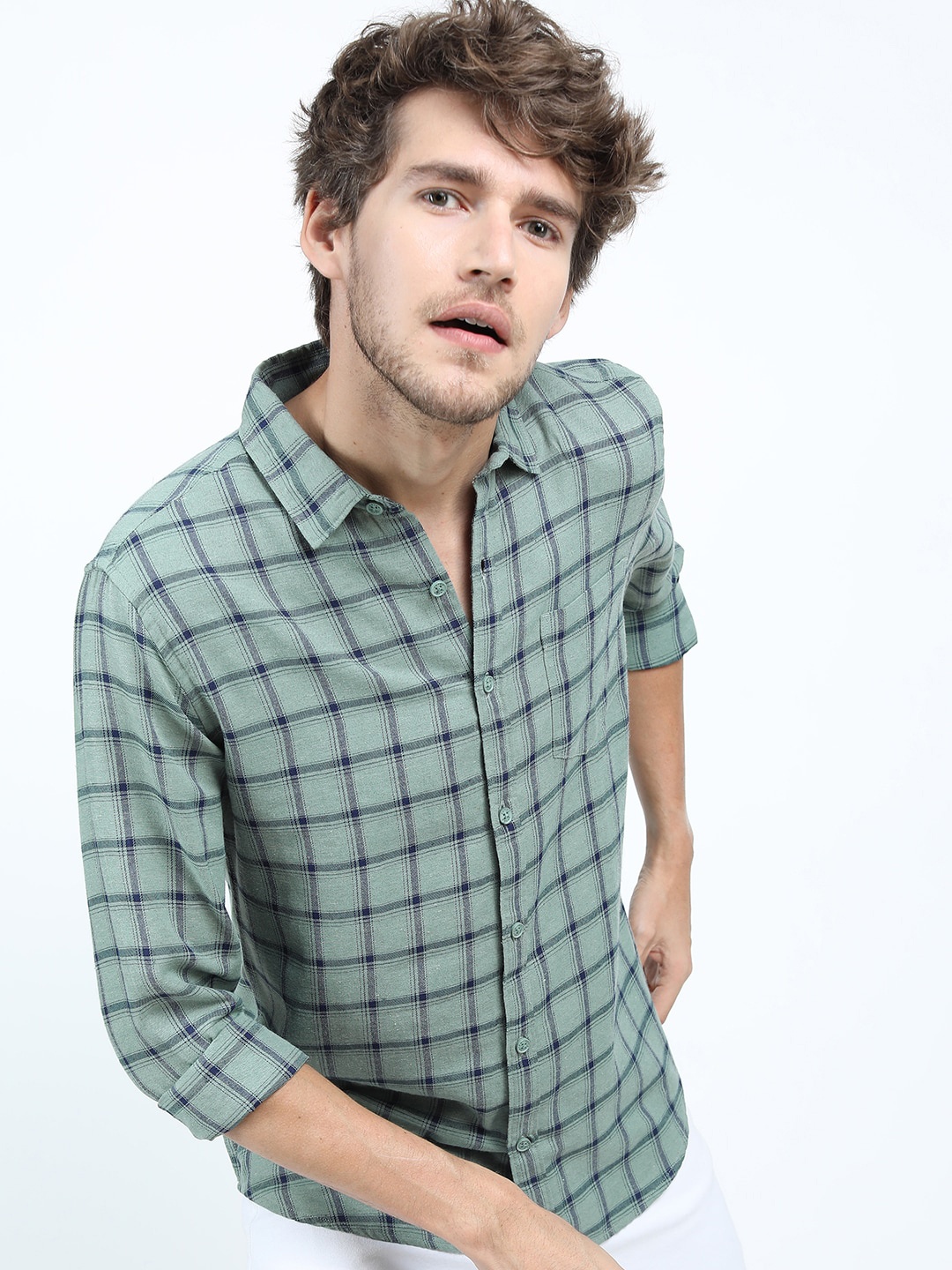 

KETCH Men Green Slim Fit Windowpane Checks Casual Shirt