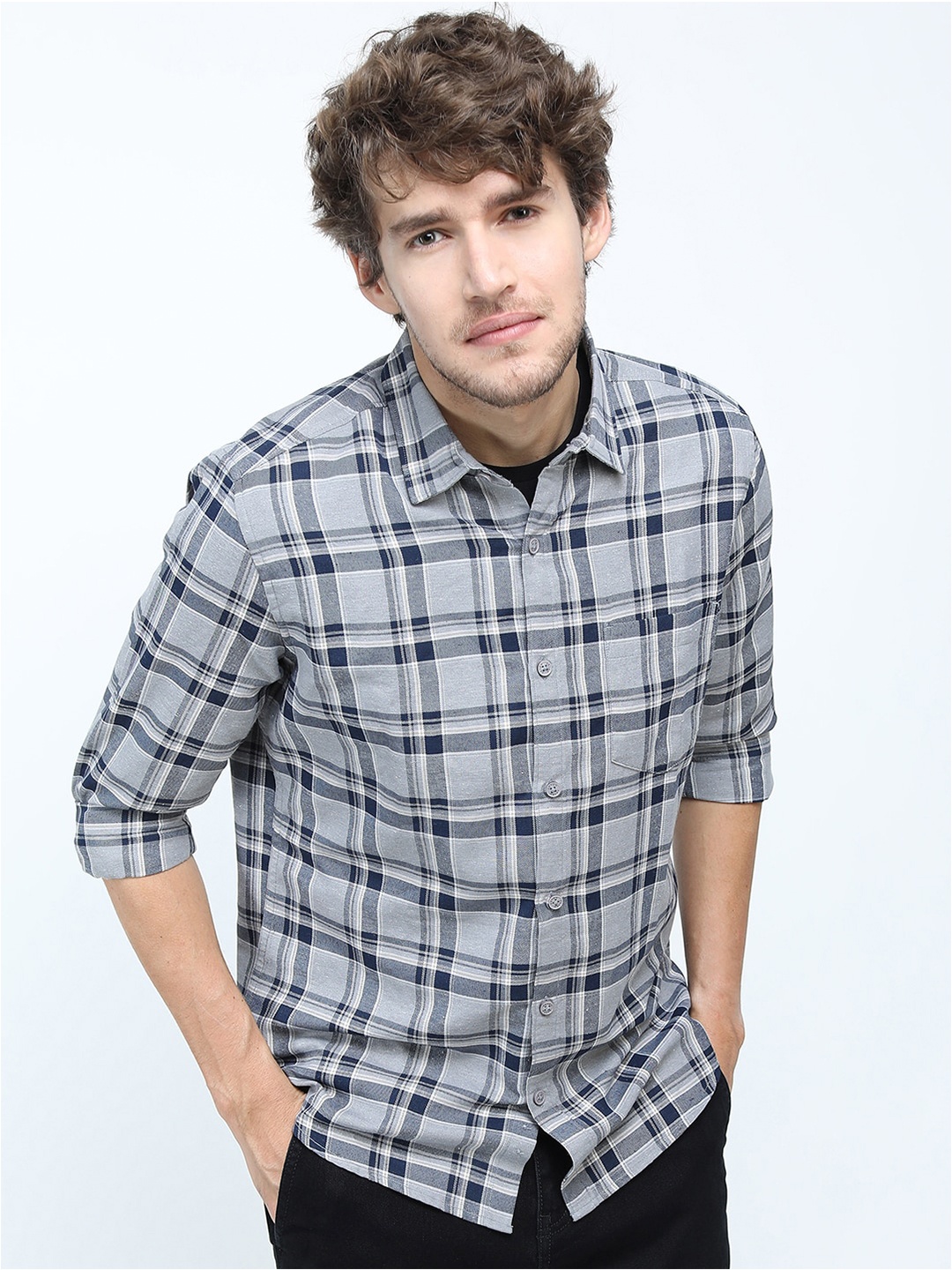 

KETCH Men Grey & Navy Blue Slim Fit Tartan Checks Checked Casual Shirt