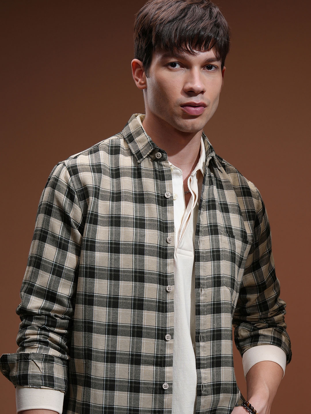 

KETCH Men Beige Slim Fit Tartan Checked Cotton Casual Shirt