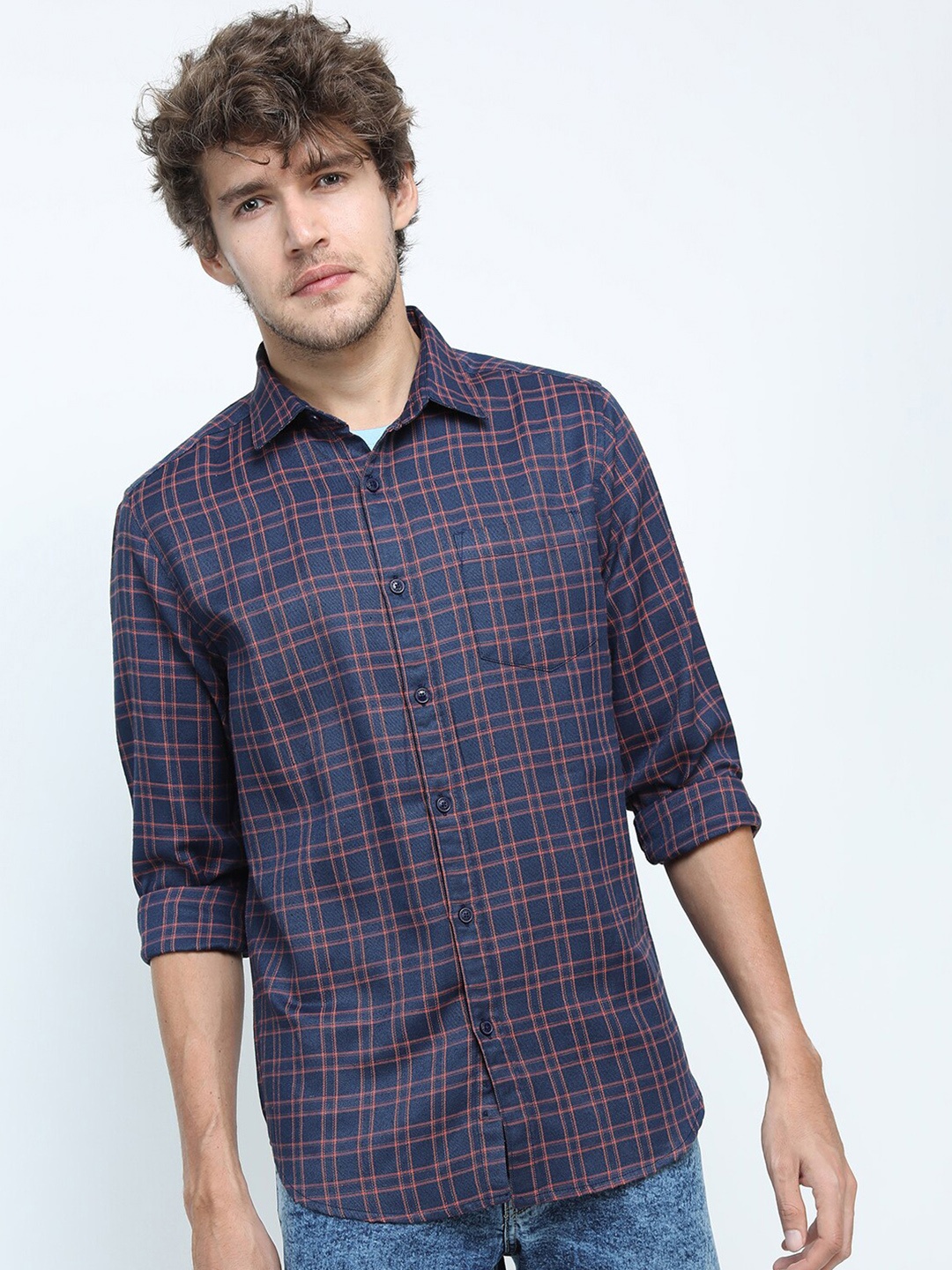 

KETCH Men Navy Blue Slim Fit Checked Casual Shirt