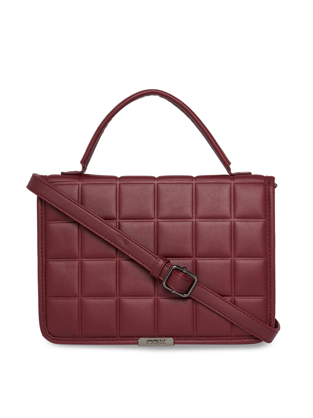 

CERIZ Burgundy Checked Textured Structured Handheld Bag with Quilted