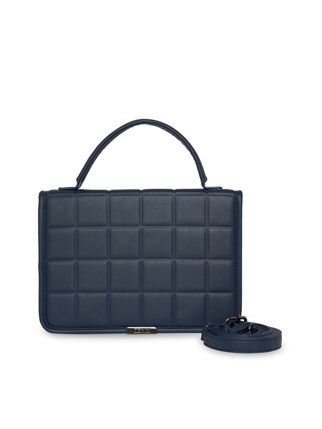 

CERIZ Navy Blue Checked Textured Structured Handheld Bag with Quilted