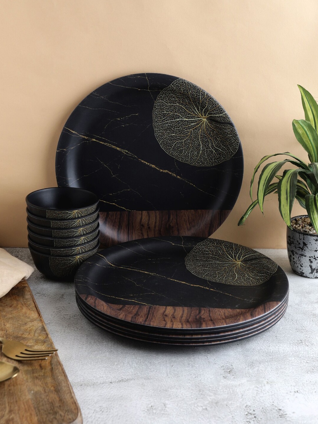 

Servewell Black & Beige 12 Pieces Floral Printed Melamine Matte Dinner Set