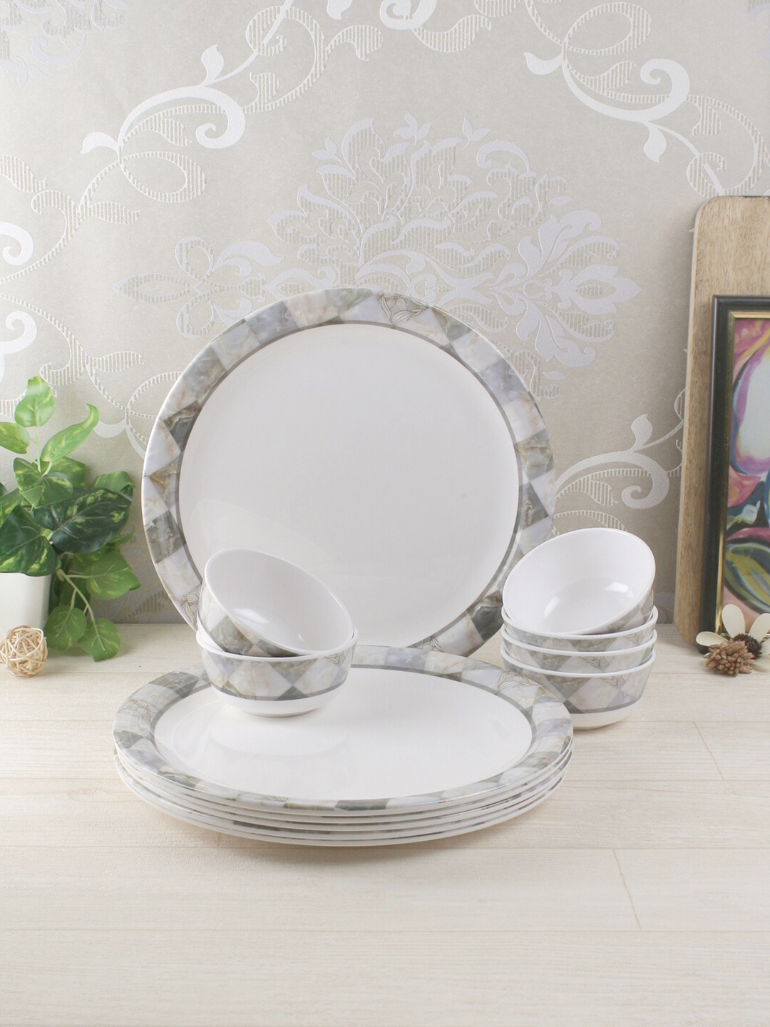 

Servewell White & Grey 12 Pieces Printed Melamine Glossy Dinner Set