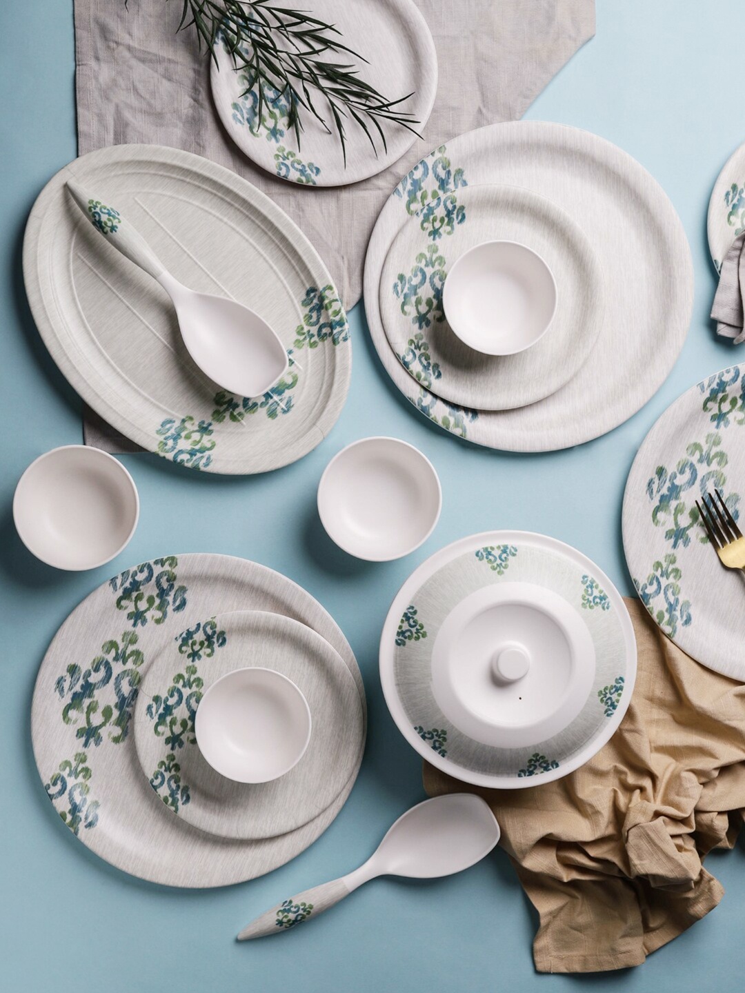 

Servewell White & Green Pieces Floral Printed Melamine Matte Dinner Set