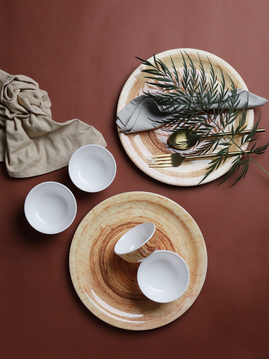 

Servewell Brown & White 18 Pieces Printed Melamine Glossy Dinner Set