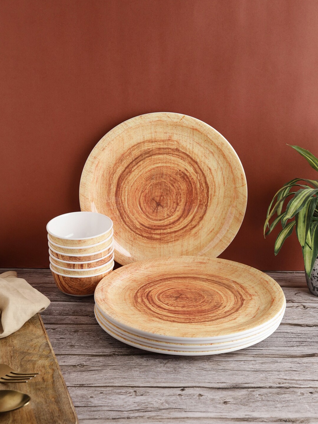 

Servewell Brown & White 12 Pieces Printed Melamine Glossy Dinner Set
