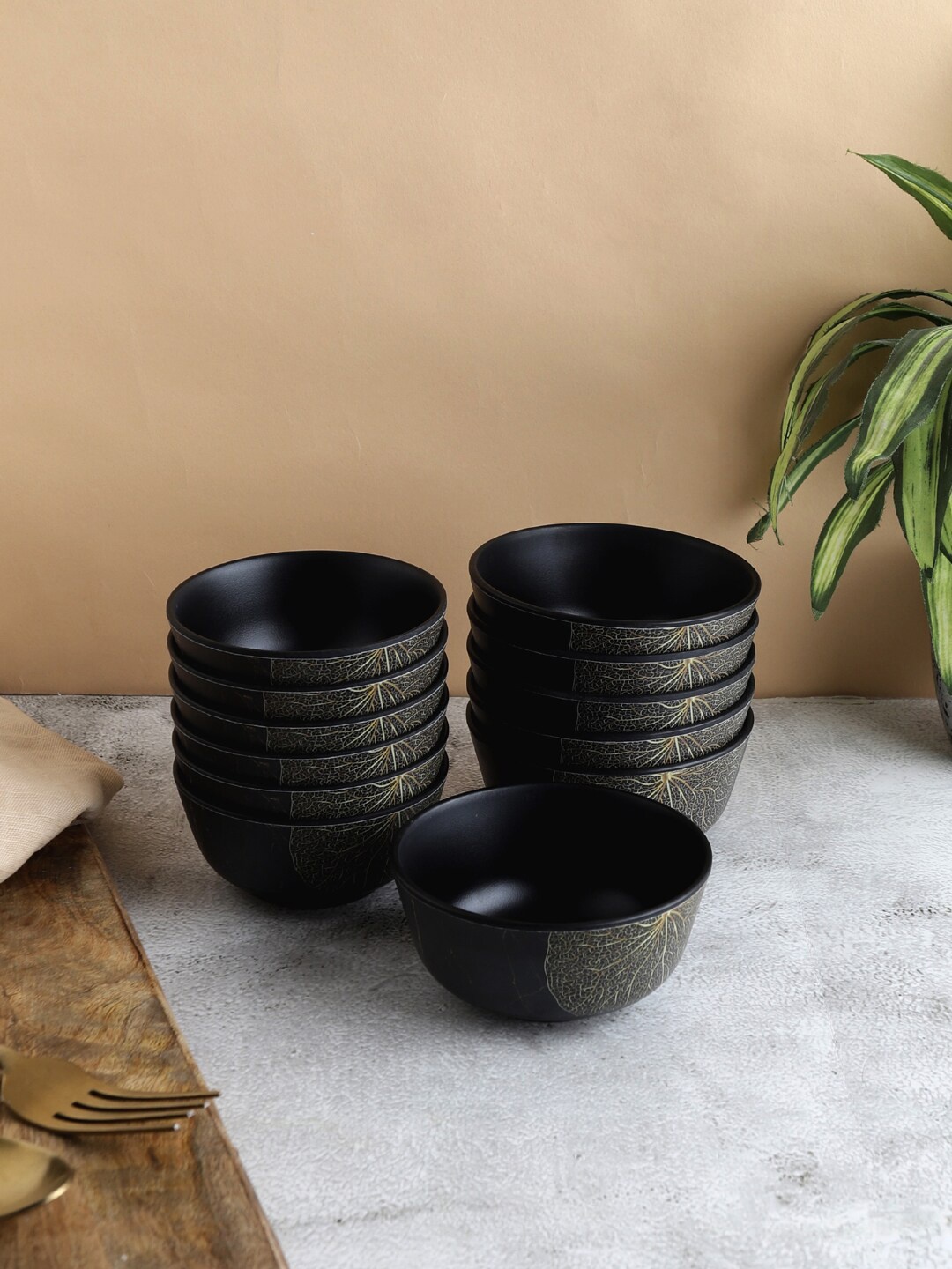 

Servewell Set Of 12 Black Printed Matte Dishwasher Safe Bowls