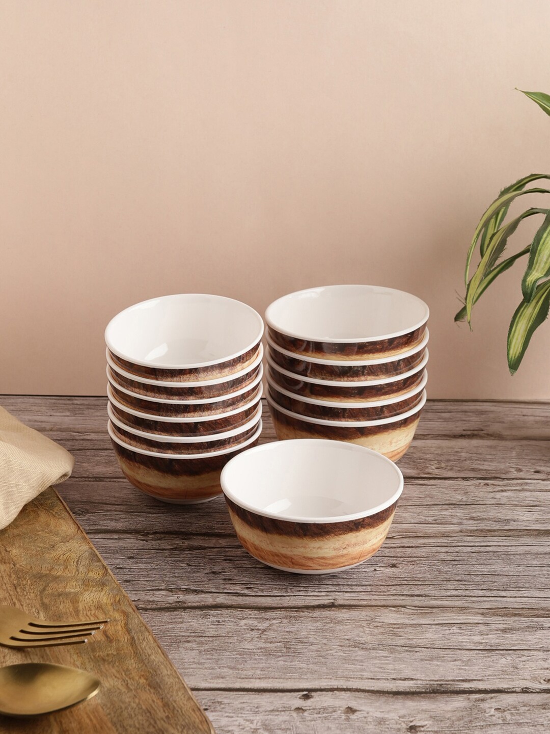 

Servewell Brown & Beige 12 Pieces Printed Melamine Glossy Bowls