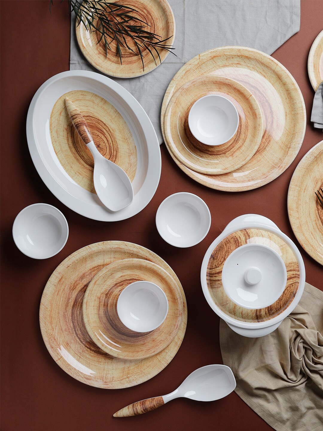 

Servewell Brown 31 Piece Geometric Printed Melamine Glossy Dinner Set