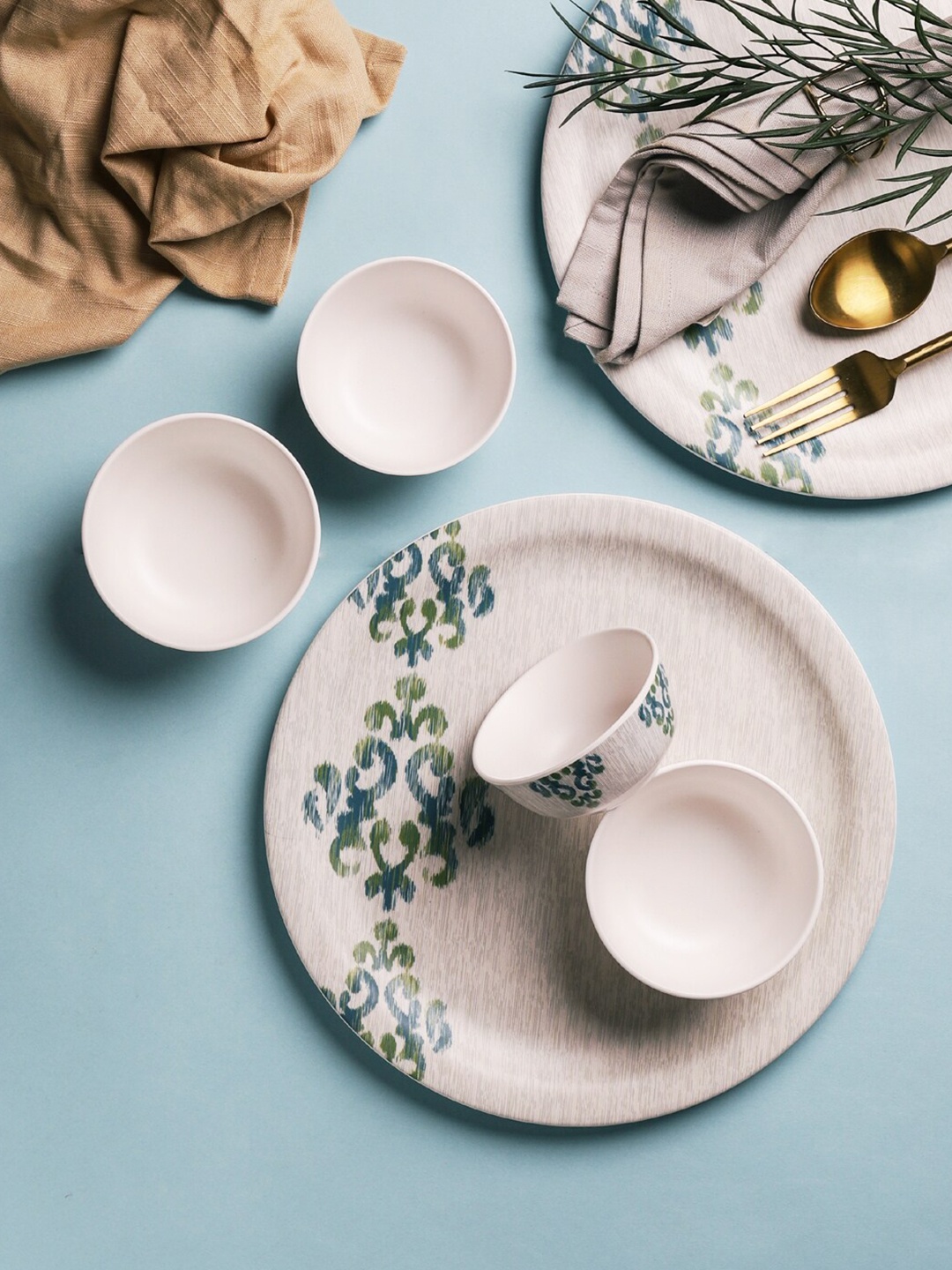 

Servewell Grey Melange & Green 18 Pieces Ethnic Motifs Printed Melamine Matte Dinner Set