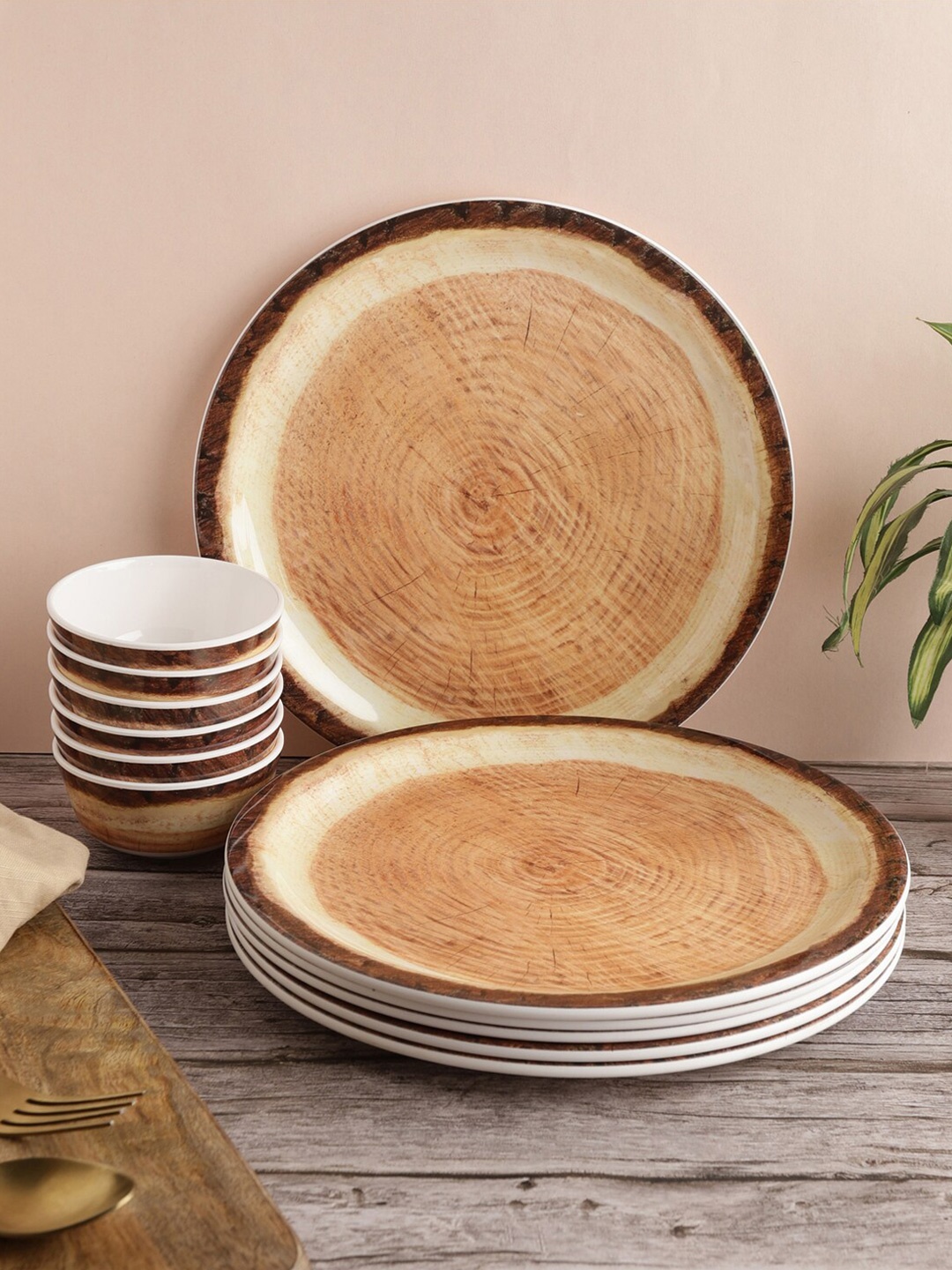

Servewell Brown & Beige 12 Pieces Printed Wood Bark Melamine Glossy Dinner Set