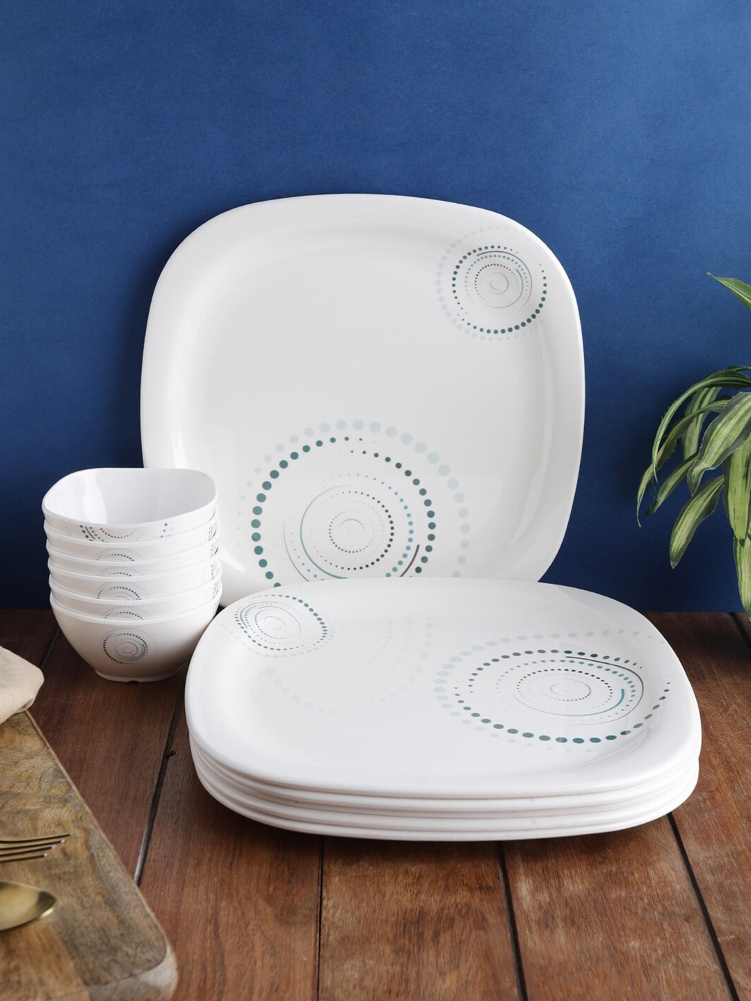 

Servewell White & Teal 12 Pieces Printed Melamine Glossy Dinner Set