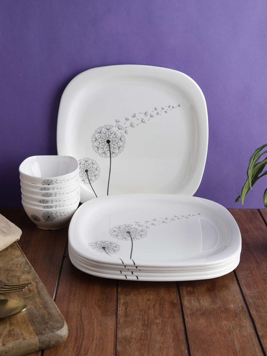 

Servewell White & Black 12 Pieces Printed Melamine Glossy Dinner Set