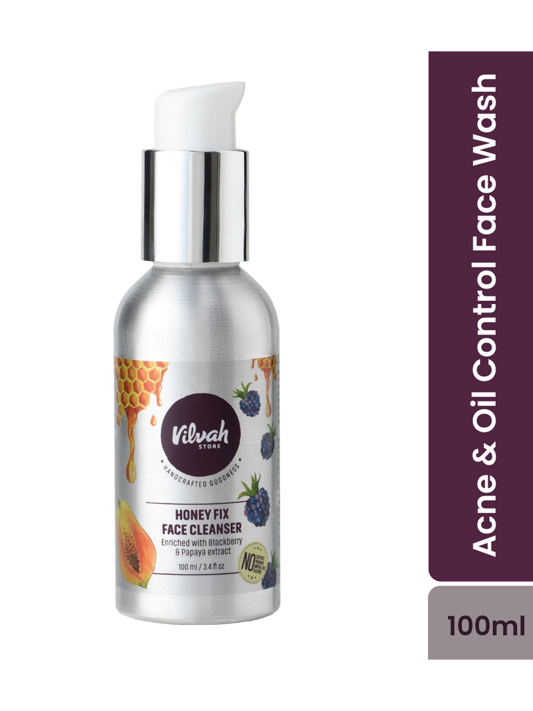 

Vilvah Store Oil Control Honey Fix Face Cleanser with Blackberry & Papaya Extract - 100 ml, Silver