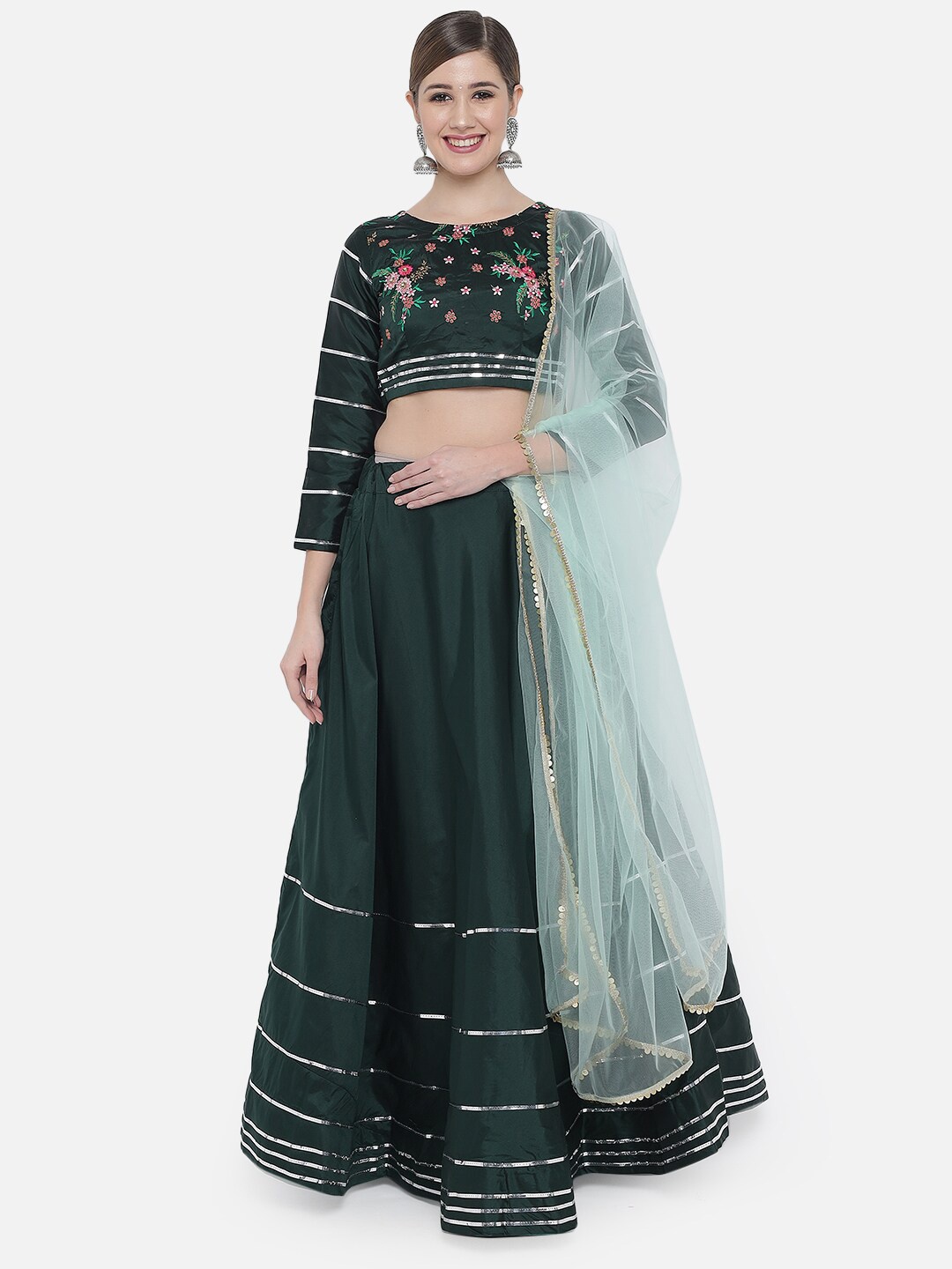 

Mitera Women Green Satin Silk Embroidered Lehanga Choli