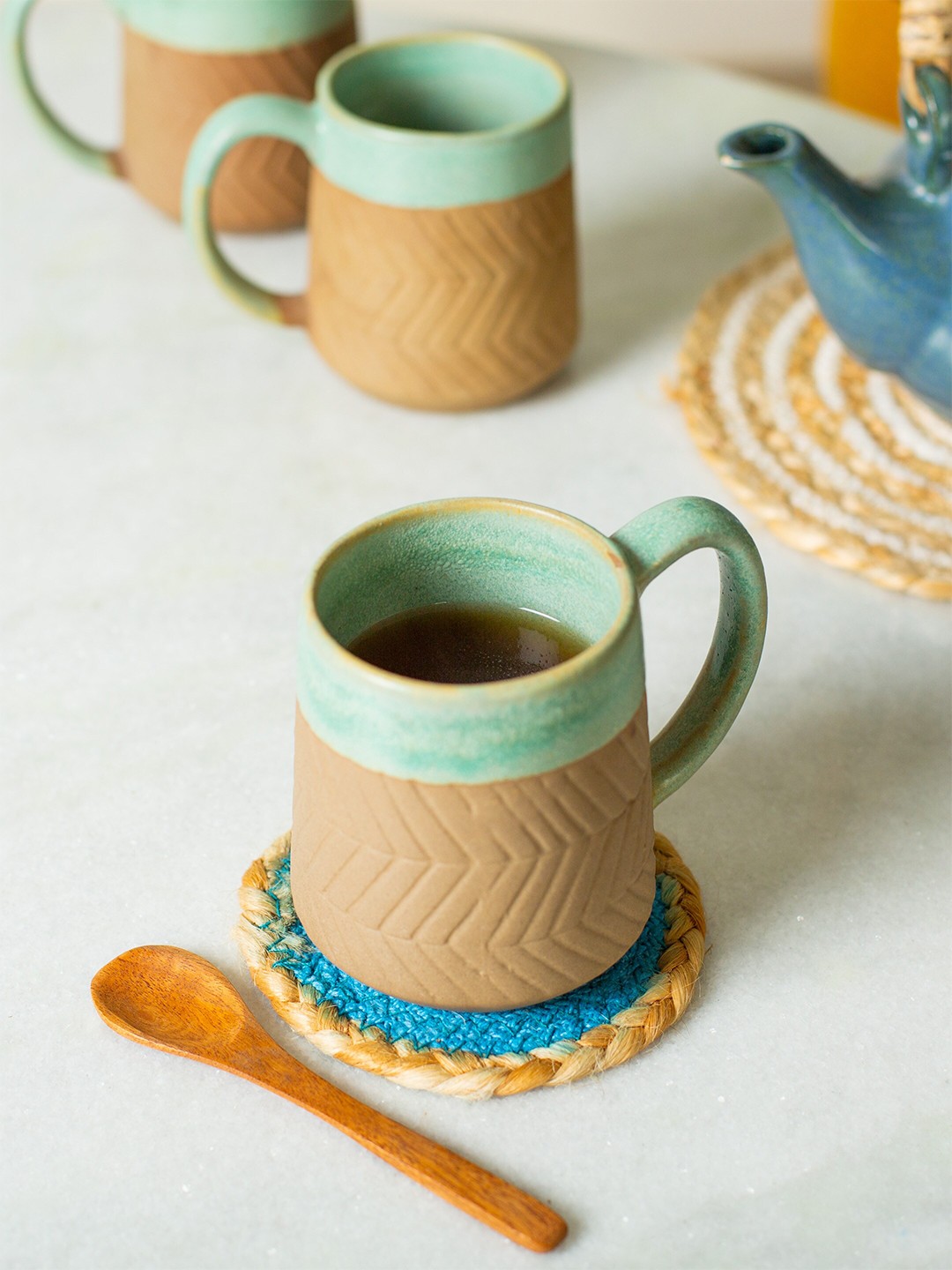 

JASMEY HOMES Set Of 2 Green & Brown Textured Microwave & Dishwasher Safe Mugs